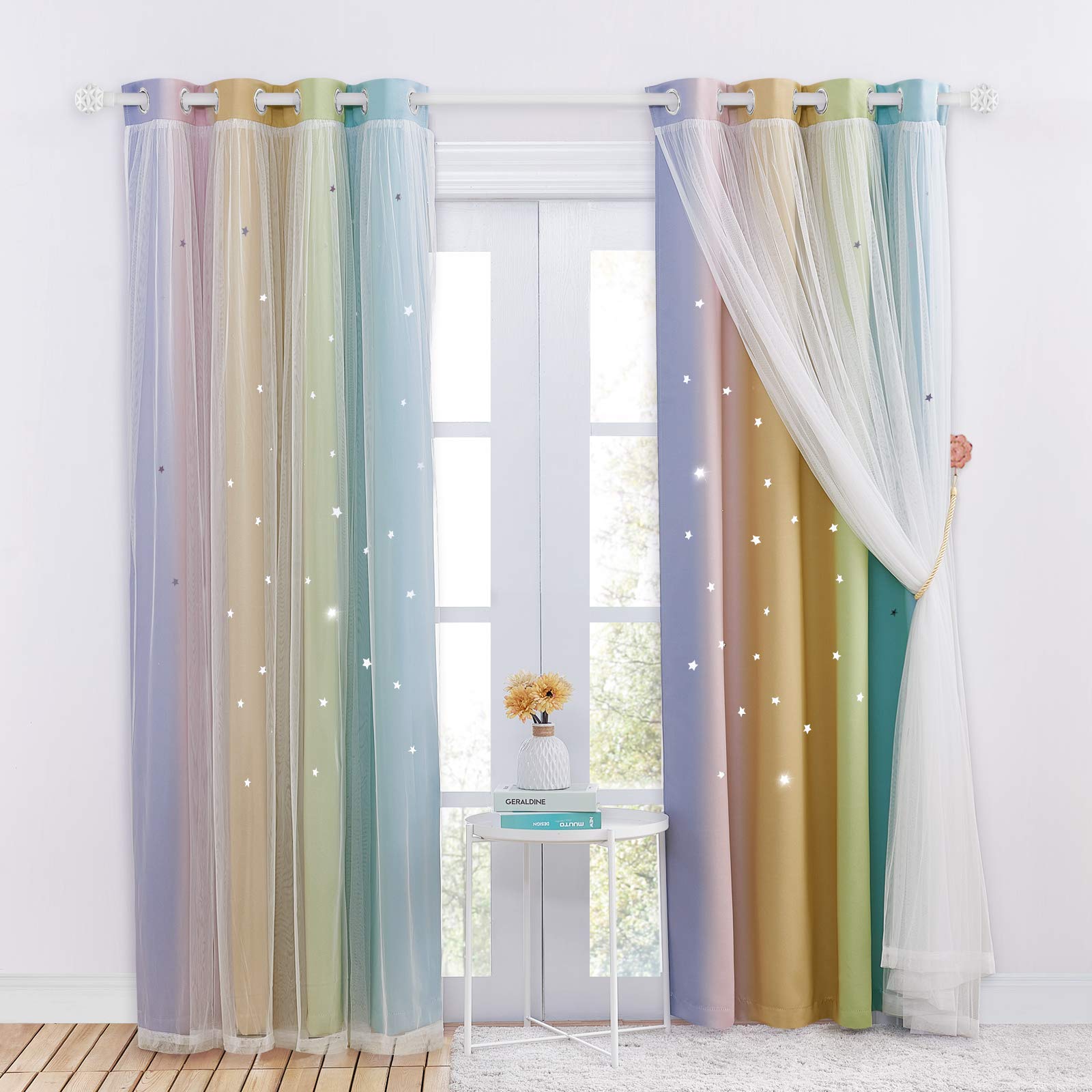 NICETOWN Rainbow Curtains for Kids - Star Cut Out Double Layer Blackout Curtains with Voile Thermal Privacy Protection for Nursery Bedroom Living Room, 2 Panels, W52 x L84 Inch (132x213 cm),Rainbow