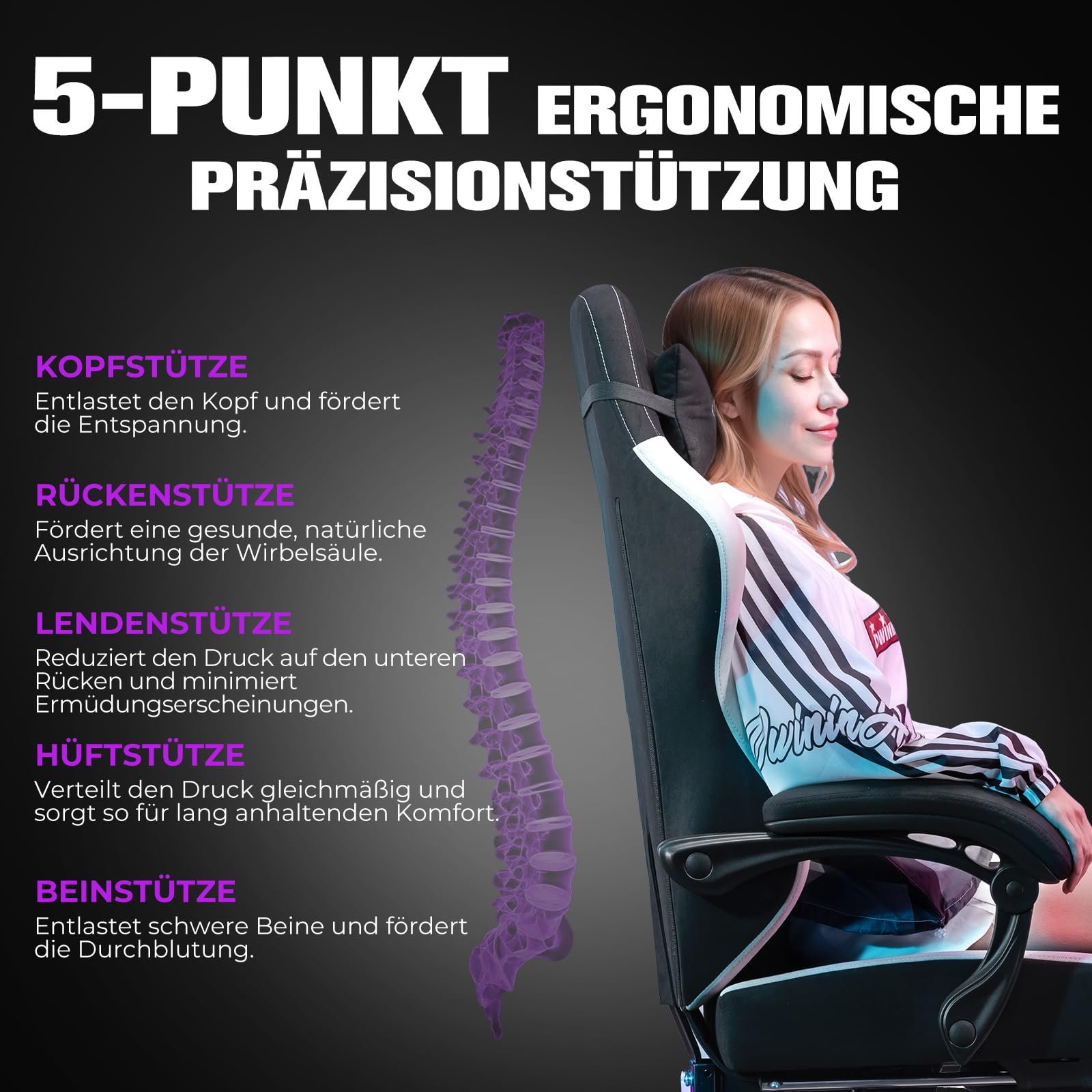 GTPLAYER Gaming Stuhl Ergonomischer, PC Stuhl Atmungsaktiver Stoff, Groß und Hoch Drehbarer Schreibtischstuhl mit Fußstütze,Verstellbare Lendenwirbelstütze und Kopfstütze,Schwarz