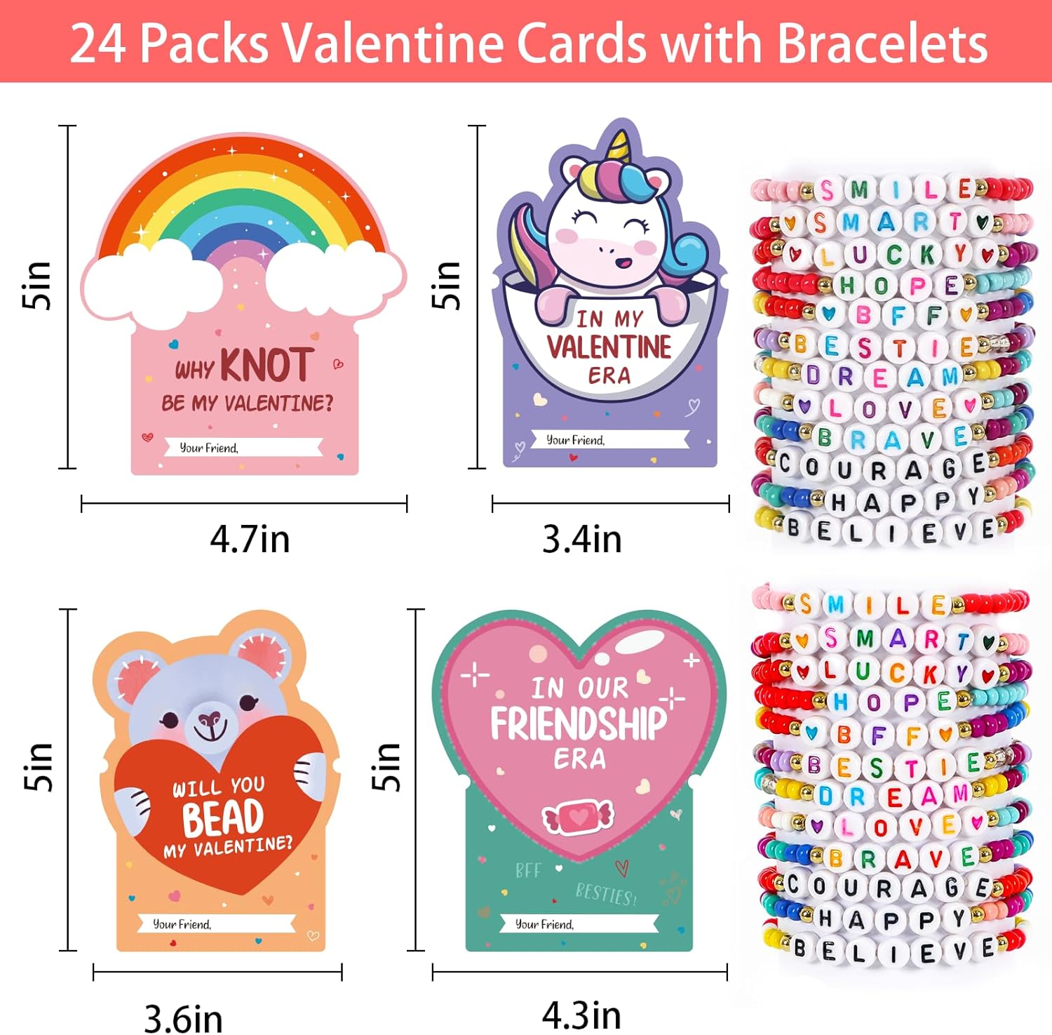 DAZONGE Valentines Day Gifts for Kids, 24 Packs Friendship Valentine’ s Day Cards with Colorful Bead Bracelets, Classroom Exchange Gift, Valentine Party Favors for Kids School - Image 2