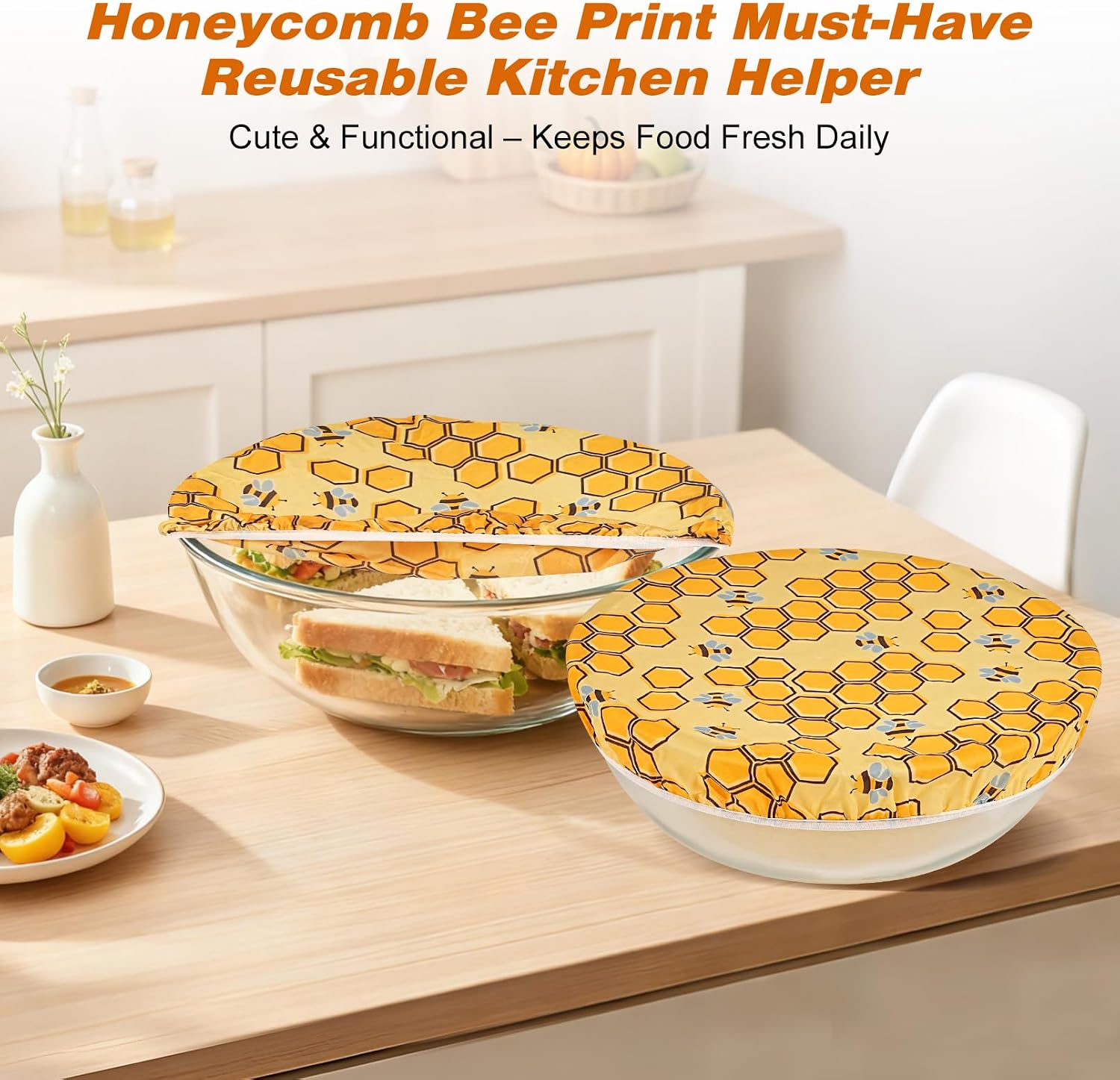 2 Pack Beeswax Bowl Covers Reusable 12inch, Large Reusable Bowl Covers for Bread Proofing with Honeycomb Bee Pattern, Stretchable Beeswax Wraps for Mixer Bowls, Proofing Baskets, Large Containers