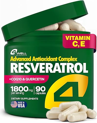Complejo de suplemento de resveratrol de 1800 mg - COQ10, quercetina, vitamina E, ascorbato de calcio - Potente fórmula antioxidante para mejorar la