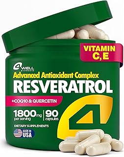 Resveratrol Supplement 1800mg Complex - COQ10, Quercetin, Vitamin E, Calcium Ascorbate - Powerful Antioxidant Formula for Enhanced Energy Heart Health & Healthy-Aging Support Trans Resveratrol 90 Caps