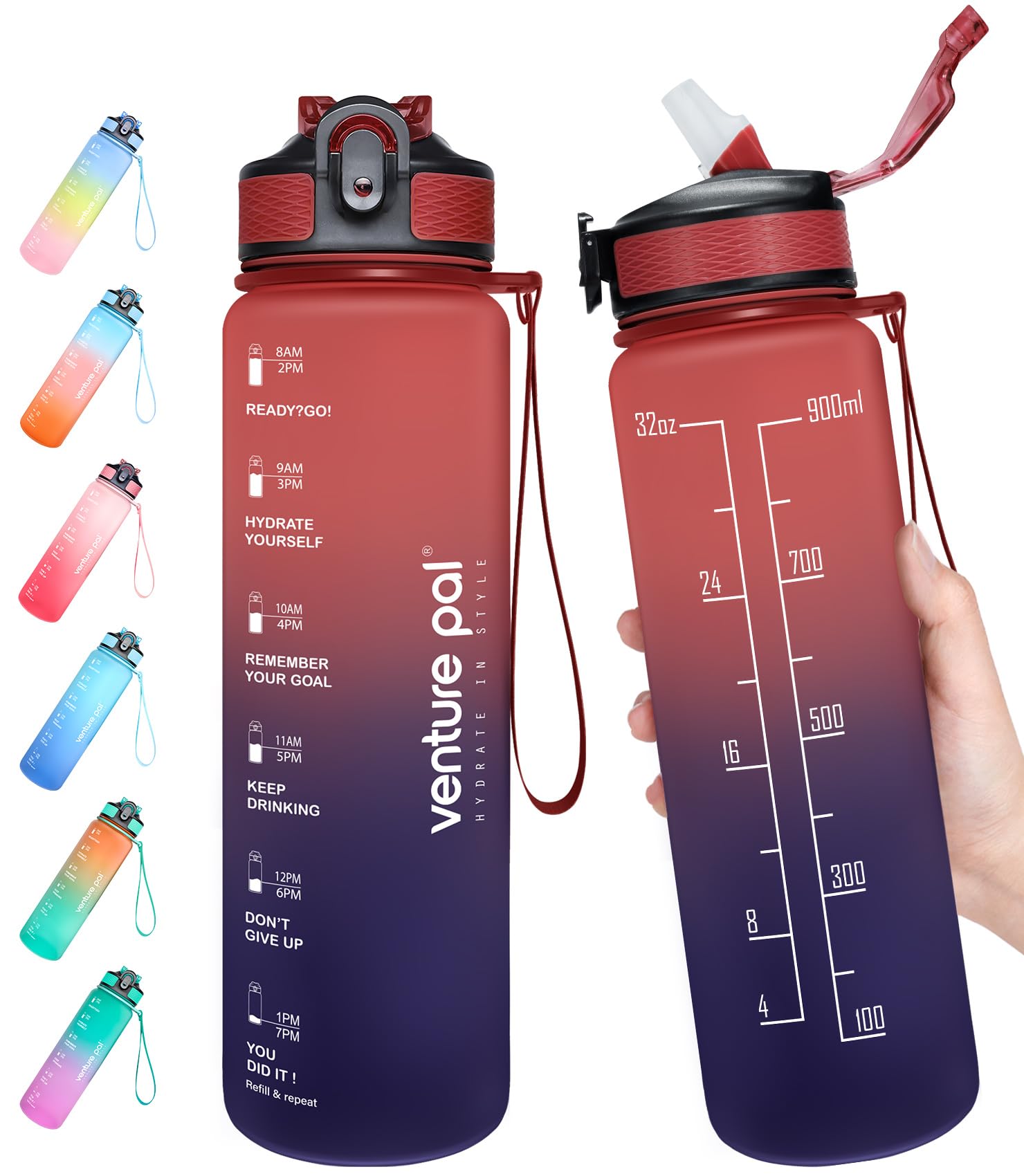 22 oz/ 32 oz Sports Water Bottle with Time Marker, Carry Strap and Cleaning Brush - BPA Free, Leak Proof, Straw Lid - Perfect for Fitness and Outdoor Activities