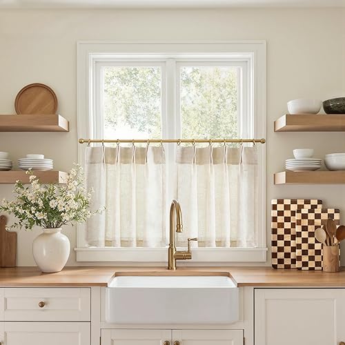 Jinchan Cortinas de lino con pinzas plegadas para cocina, cortinas de 20 pulgadas de lino natural con pestaña trasera, cortinas de estilo granja y