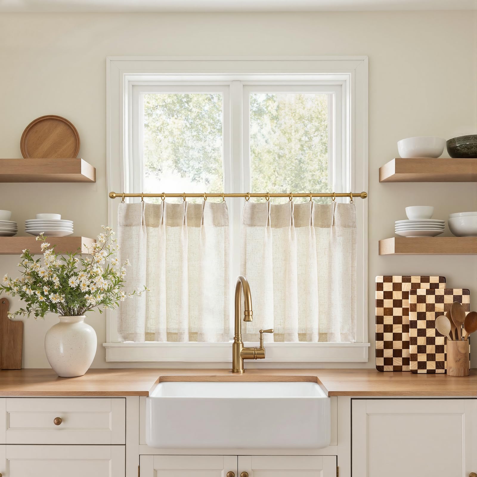 Photo 1 of jinchan Linen Pinch Pleated Kitchen Curtains 20 Inch Natural Linen Tier Curtains Back Tab Farmhouse Cafe Style Light Filtering for Bathroom Laundry Room Small Window 2 Panels Beige