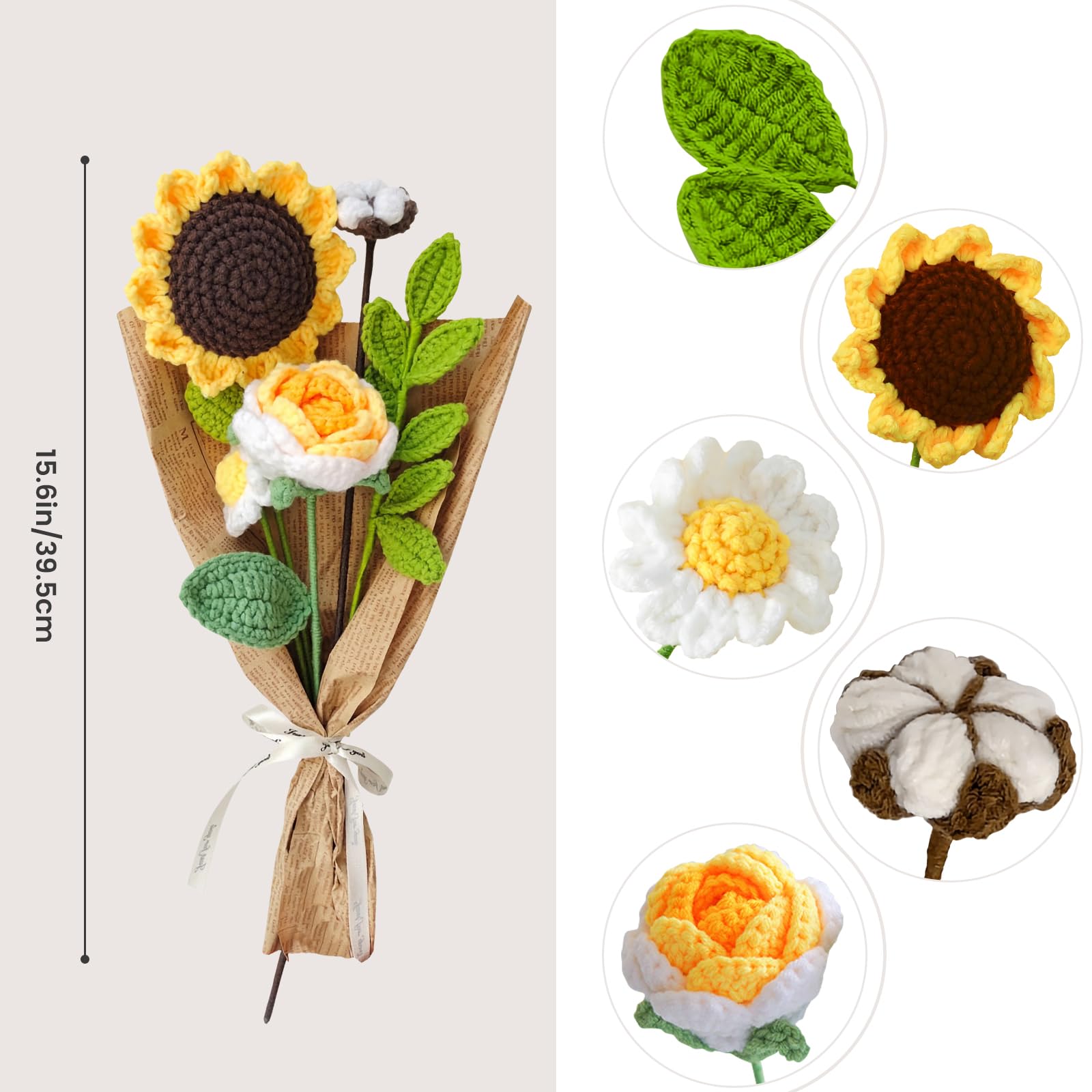 CDOUTSUN Crochet Flowers Bouquet, Knitted Crochet Sunflowers Bouquet Handmade Crocheted Flowers Bouquet DIY Home Decor for Mother's Day Birthday Wedding Gifts