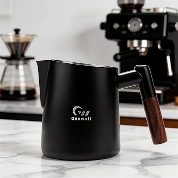 Milk Frothing Pitcher 304 Stainless Steel Espresso Steaming Pitcher for Cappuccino Latte Art 14 oz 420 ml Milk Jug Coffee Frother Cup with Wooden Handle - Black