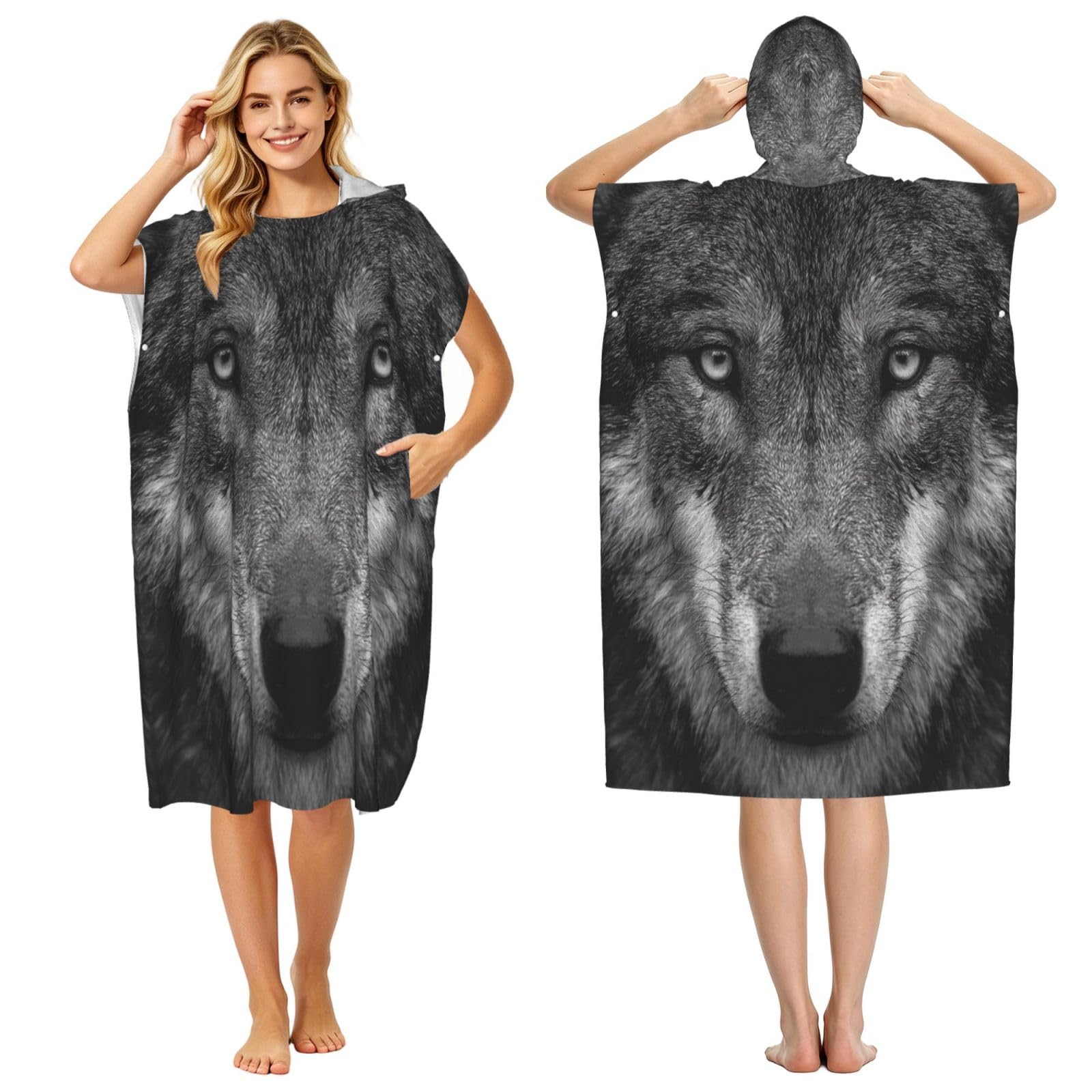 DTHKJNLSF Wolf'S Gaze Adult Hooded Beach Poncho Towel