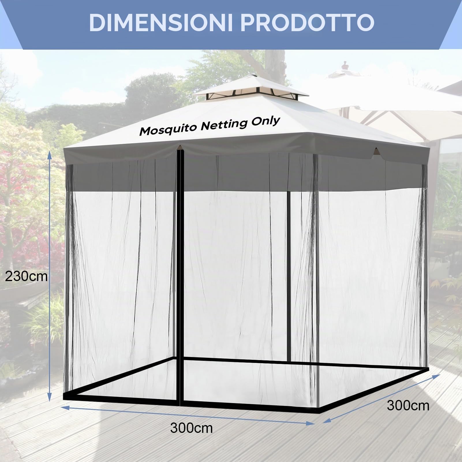 Zanzariera a ombrello quadrato, rete ombrello da patio 25 x 45 cm, zanzariera antivento con cerniera, corda regolabile e fondo riempito d'acqua per ombrelli quadrati, tetto in ferro