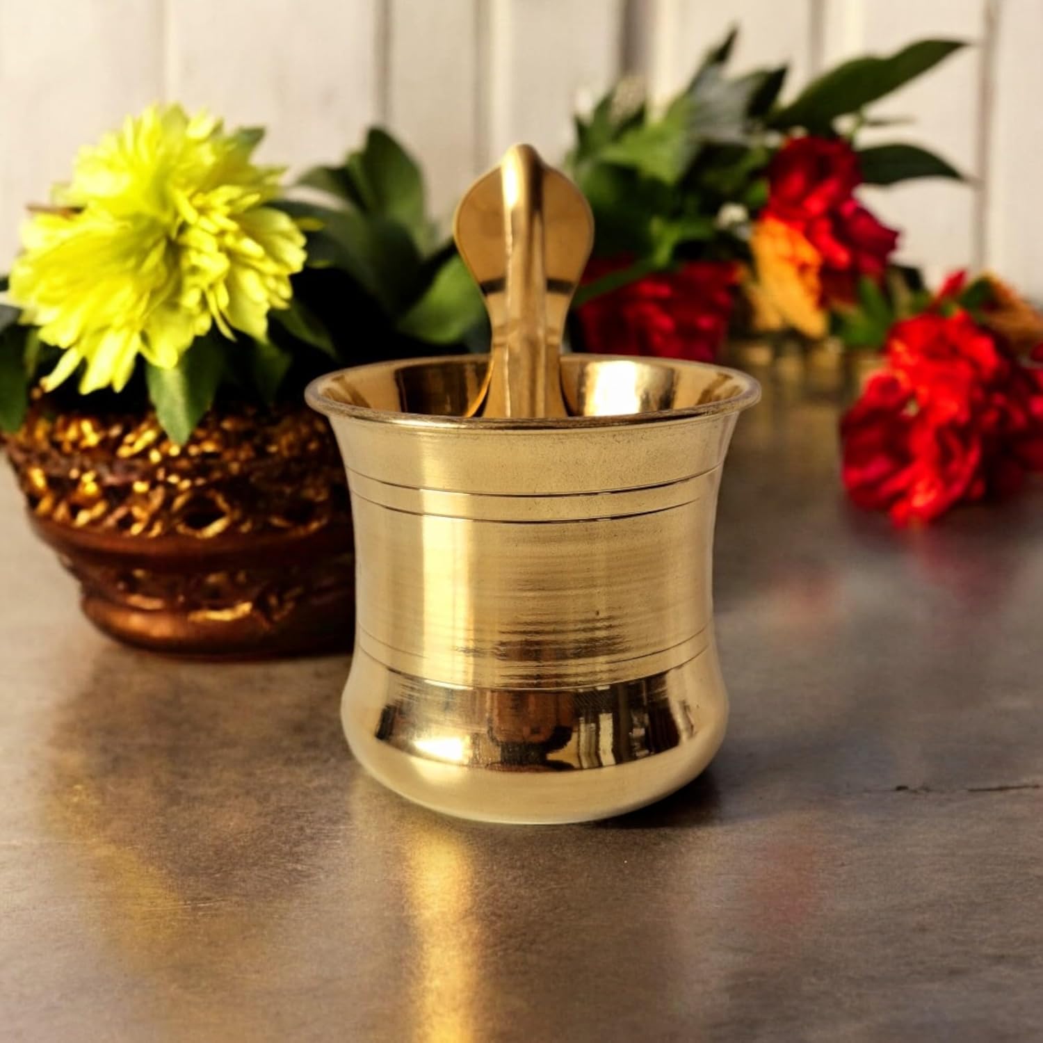 Brass Panchpatra Set with Snake Head Design Spoon(Udarini) | Pooja Accessory for Home or Office Temple | Pooja Glass and Spoon for Charnamrit | Height : 2.5 Inch | Weight : 60 Grams (Brass)