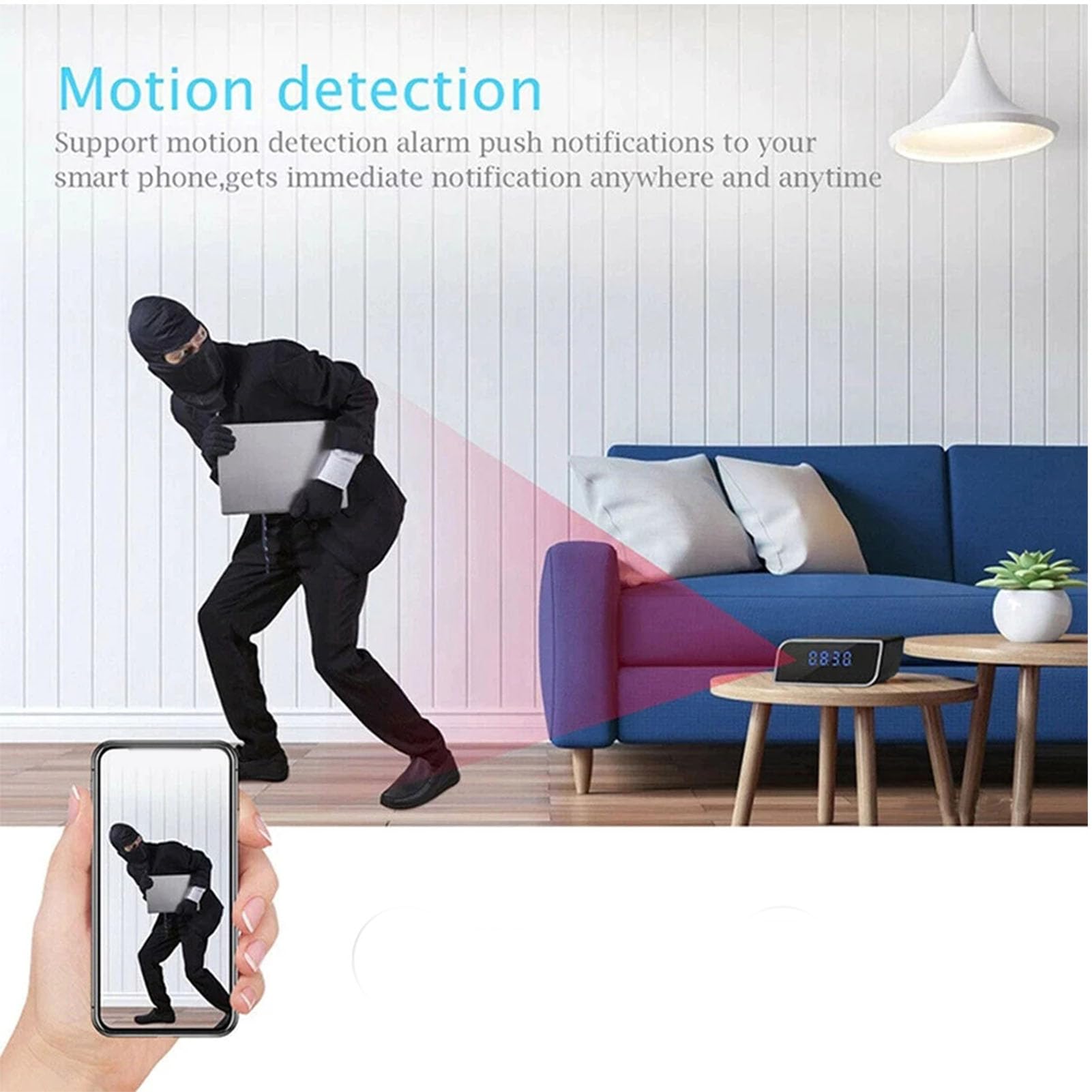 VBESTLIFE Orologio per Telecamera di Sicurezza, Orologio per Telecamera WiFi FHD, di Sicurezza Wireless per Interni con Display Dell'ora a LED, Visione Notturna, Rilevamento del