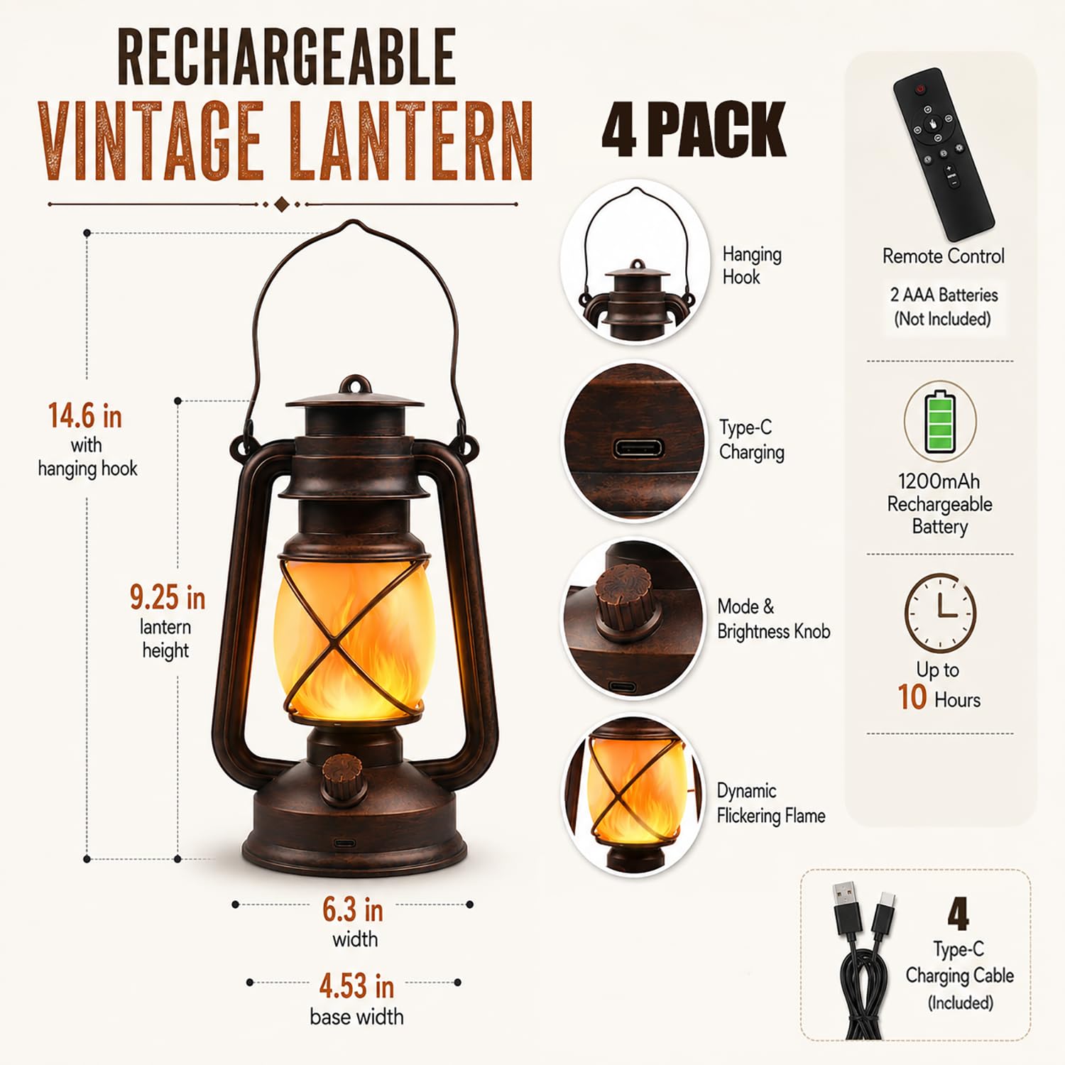 Wiederaufladbare LED-Laternen, 4 Stück, USB-Aufladung, Vintage-Bronze, Campinglampen mit flackernder Flamme, Fernbedienung, 4 Modi, Hängeleuchten für Terrasse, Garten, Veranda, Hinterhof, Innen- und