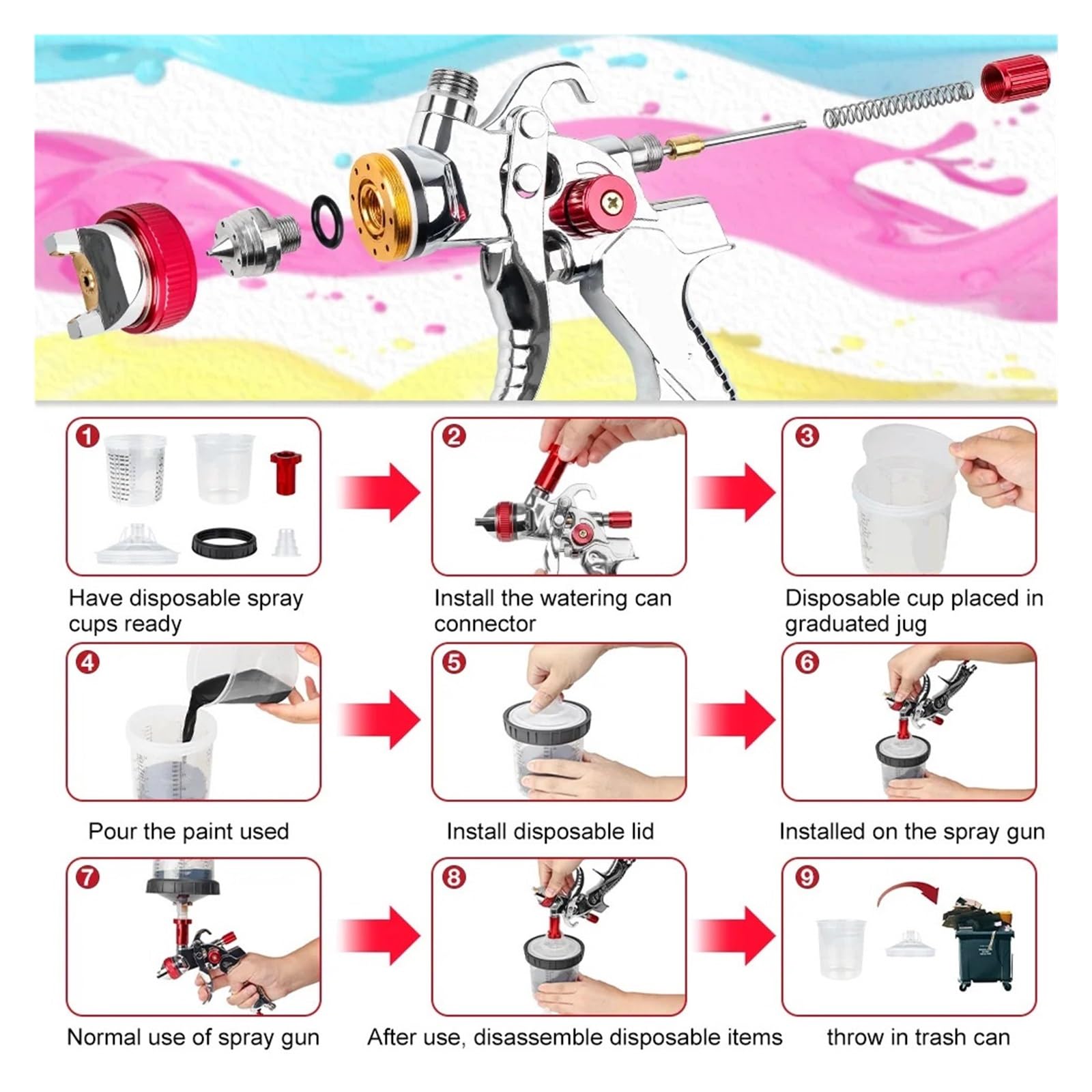 1,4 Mm,7 2,0 Professionelle Spritzpistole for Zuhause, Automatisches Farbspritzpistolen-Werkzeug, 600 Ml, Kein Sauberer Einweg-Messbecher, 10 Stück(1.4-1.7-2.0mm)