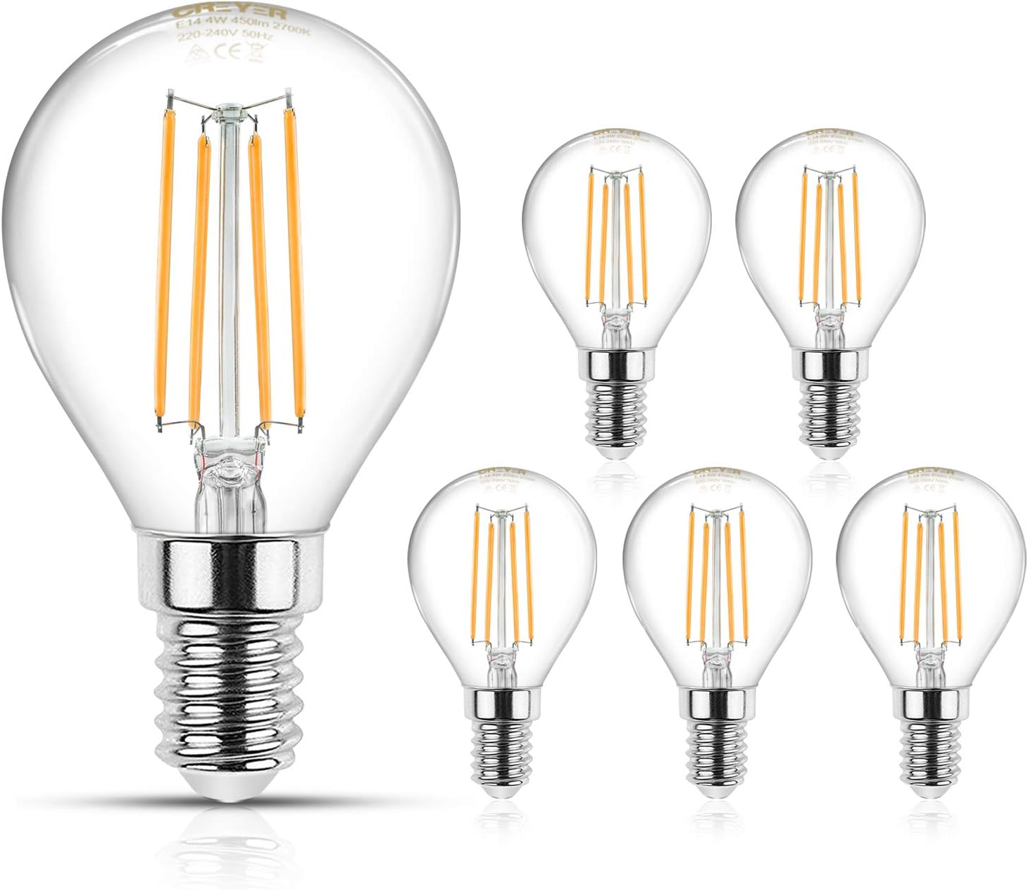 Creyer E14 G45 LED Filament Bulbs, 450Lumens, CRI≥95+, Equivalent to 40W Incandescent Bulbs, Warm White(2700K), Non-Dimmable, E14 Screw Base LED Glass Bulbs, AC 220V-240V - Pack of 5 [Energy Class A+]