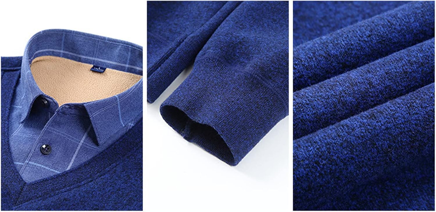 Mens Fake 2-Piece Stitching Sweater Winter Thick Fleece V Neck Sweatshirt Long Sleeve Turn Down T-Shirts Pullover Tops (Navy Blue,X-Large) : Beauty & Personal Care