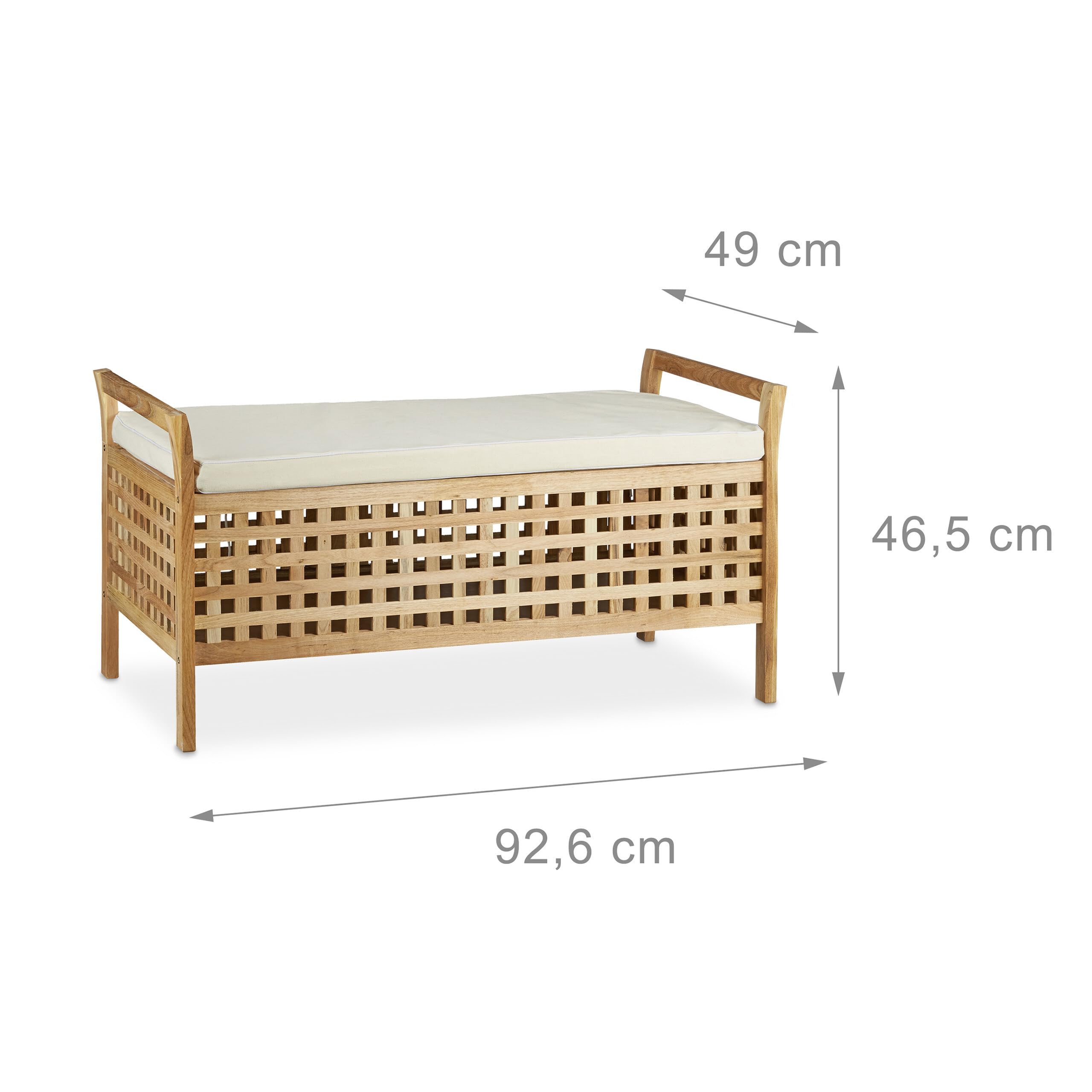 Relaxdays Cassapanca Contenitore, Panca in Legno, Cuscino, Camera da Letto, Ingresso, Porta Giochi, Naturale Bianco, Lino, Marrone, 1