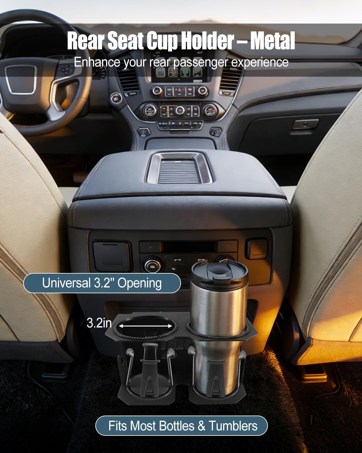 Metal Rear Seat Dual Cup Holder Fits for 2015–2020 Chevrolet/Chevy Tahoe Suburban Silverado & GMC Yukon Sierra, Heavy Duty Metal 3.2In Drink Holder, Fit Clip-On Rear Passenger Interior Upgrade