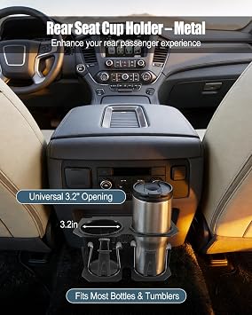 Metal Rear Seat Dual Cup Holder Fits for 20152020 Chevrolet/Chevy Tahoe Suburban Silverado & GMC Yukon Sierra, Heavy Duty Metal 3.2In Drink Holder, Fit Clip-On Rear Passenger Interior Upgrade