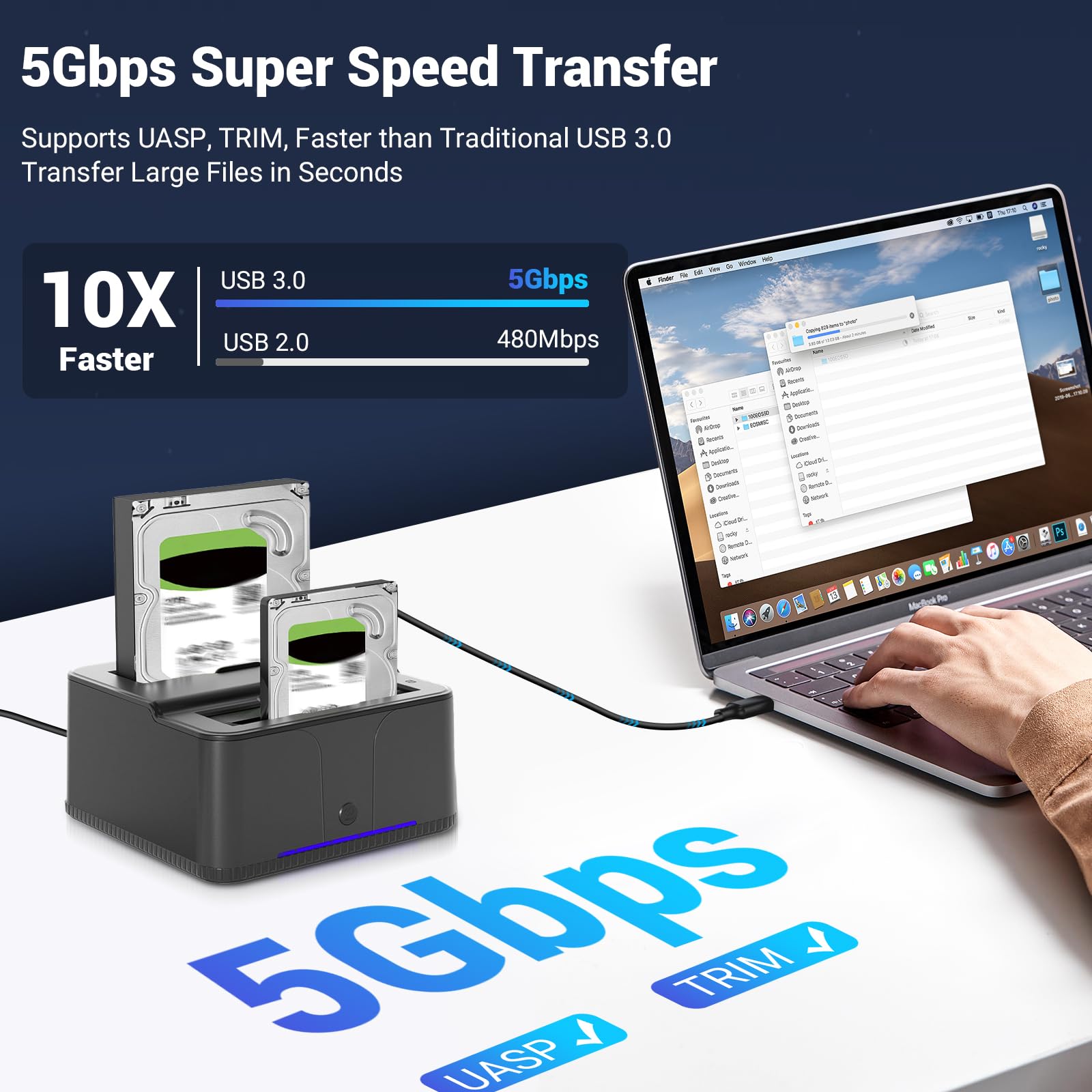 HDD Docking Station, USB3.0 Station d'accueil pour Disque Dur pour 2,5 et 3,5 Pouces SATA HDD/SSD, 32 to avec Lecteur de Cartes SD/TF, Double Baie, Prise en Charge de Clone Hors Ligne,UASP