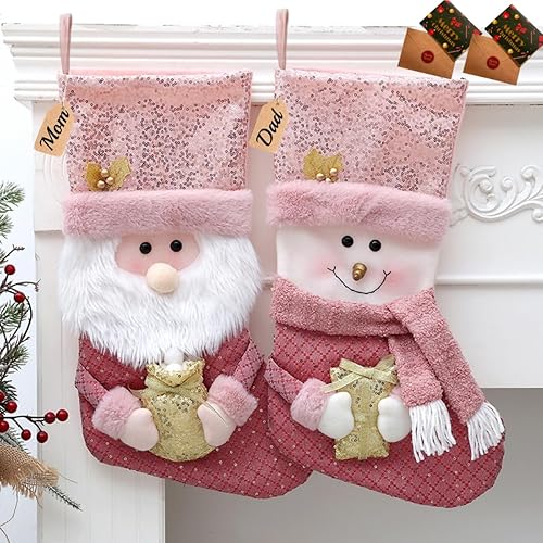 Paquete de 2 medias de Navidad rosas con lentejuelas doradas y rosas de 19 pulgadas, tamaño grande, 3D, Papá Noel, muñeco de nieve, medias de
