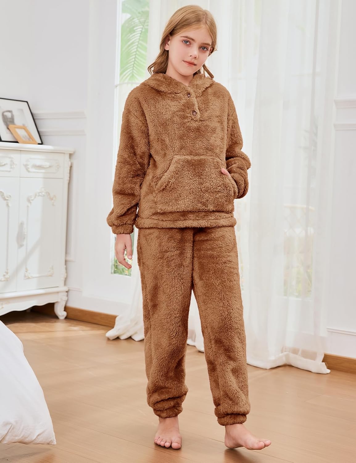 Flygo Girls 2 Piece Fuzzy Pants Sets Bear Ear Sweatshirt Hoodie Fleece Sweatpants Kids Fluffy Clothing Sets with Pockets - Image 2
