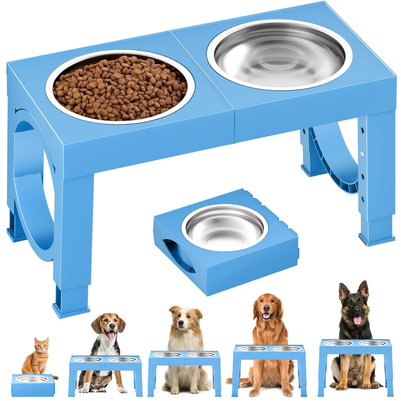 XIAZ Elevated Dog Bowls Large Breed Raised Dogs Bowl Stand Large/Medium Sized Dog Stainless Steel Food Water Bowl Stands 5 Heights Adjustable 9/11/12/15in Pet Feeder Dish Station