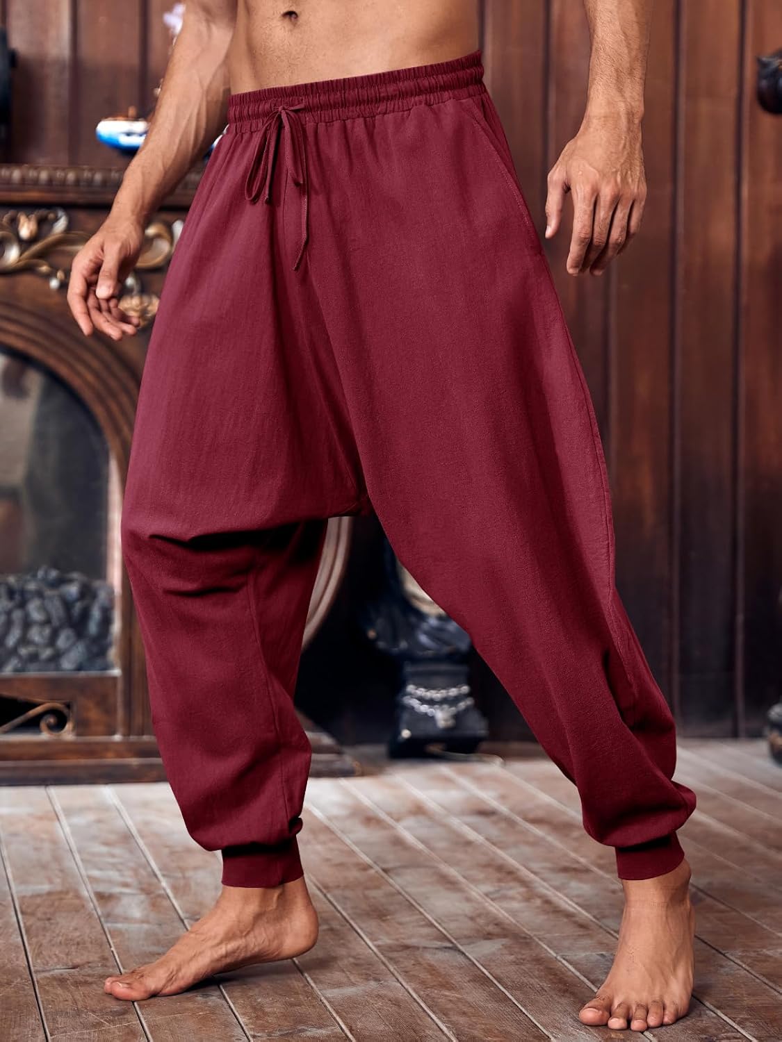 PASLTER Mens Pirate Pants Medieval Viking Costume Trousers Renaissance Halloween Baggy Harem Linen Pants - Image 3