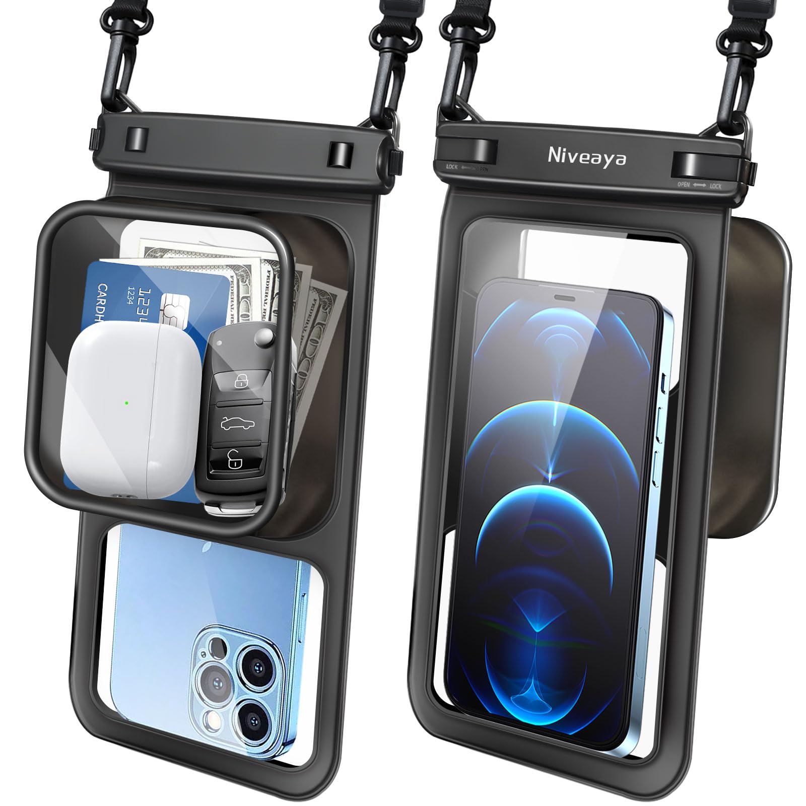 Niveaya [Floatable Floating Waterproof Phone Pouch 2 Pack-Up to 8.5", Large Space Adjustable Neck Lanyard Waterproof Phone Case, Phone Dry Bags for