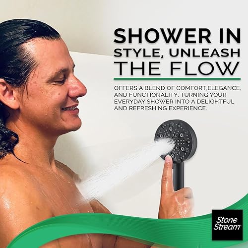Miniatura 2 de Cabezal de ducha original StoneStream 9 modo de pulverización negro + manguera + adaptador + piedras, con gran presión de agua y un cabezal de ducha