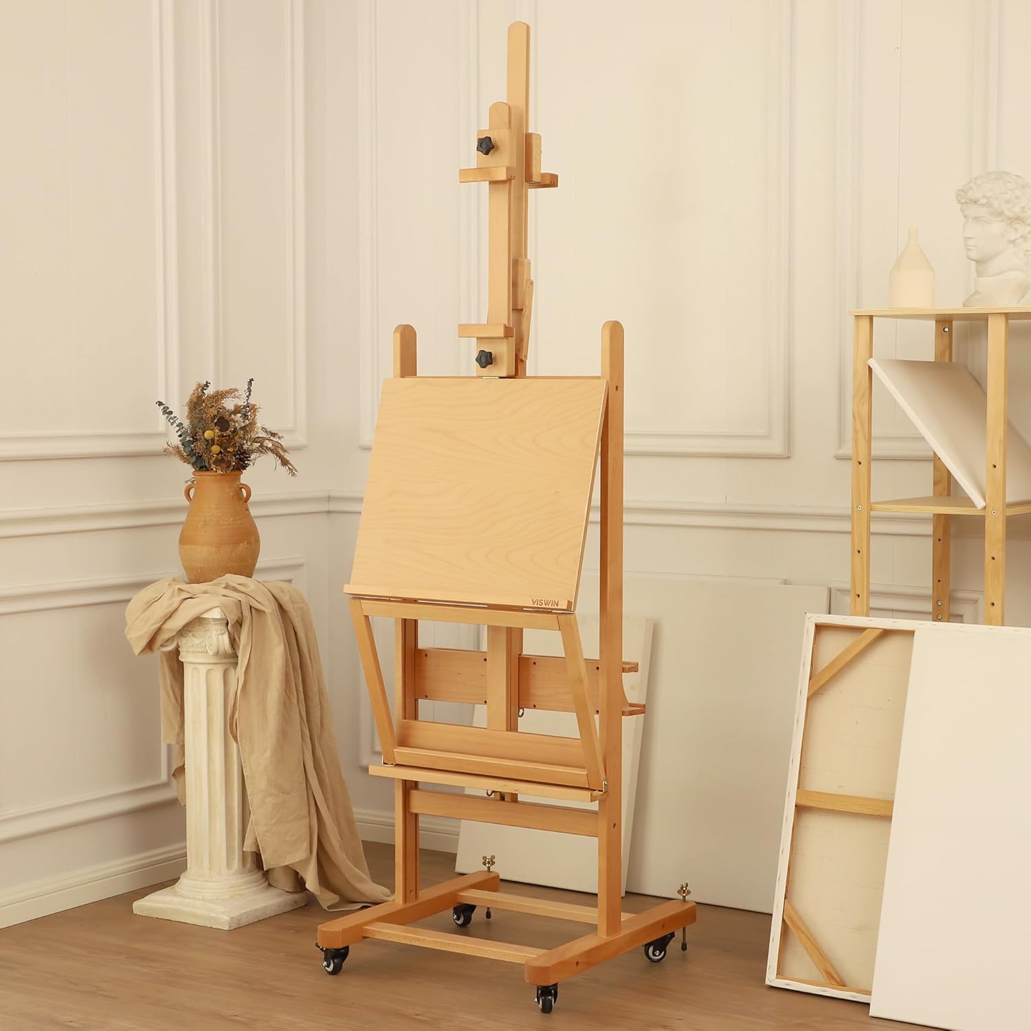 VISWIN Double-Sided Easel & Drafting Table, Hold 1 or 2 Canvas, Solid Beech Wood Artist Easel for Painting Canvas, Adjustable H Frame Easel with Tray & Wheels, Art Easel Stand for Adults, Artists