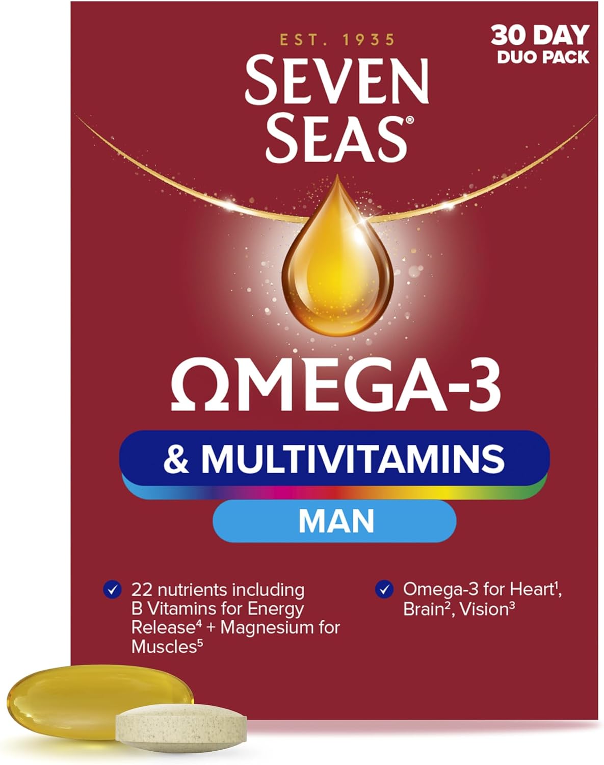 Seven Seas Omega-3 and Multivitamins Man, with B Vitamins and Magnesium, 30-Day Duo Pack, 30 Omega-3 Capsules and 30 Multivitamin Tablets