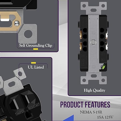 Miniatura 24 de ENERLITES Elite Series Duplex Receptacle with Screwless Wall Plate, Residential Grade Duplex Outlet, Tamper-Resistant, Grounding, 15A 125V, UL Silver