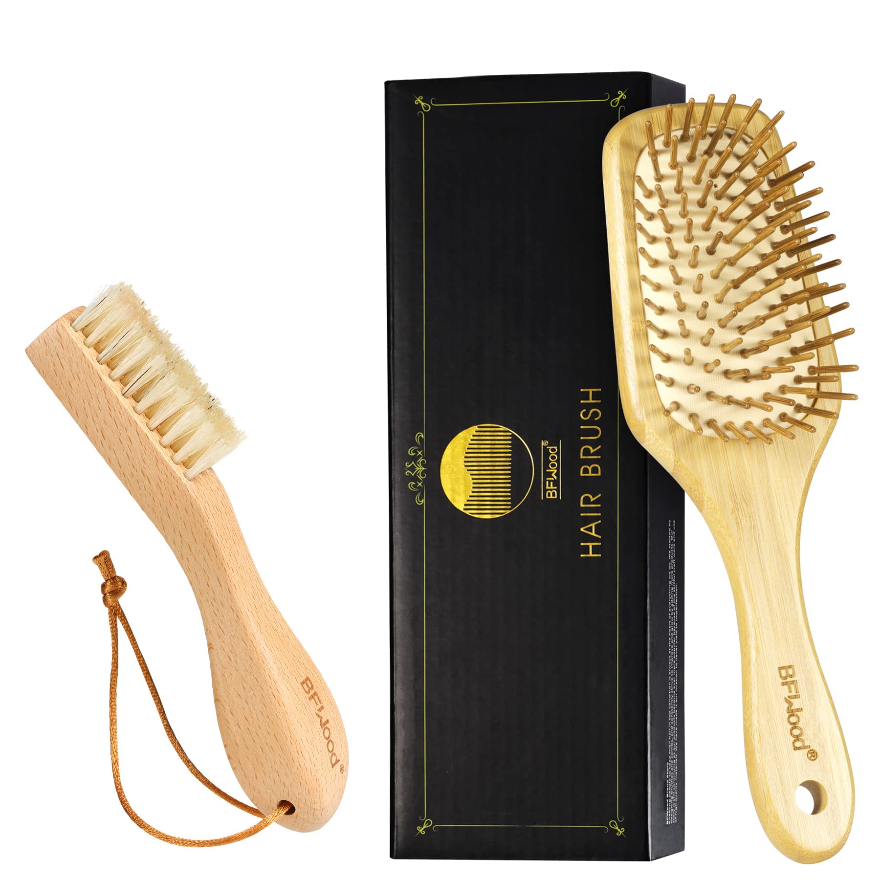 BFWood Bamboo Bristles Hairbrush and Soft Boar Bristle Laundry Stain Brush Set