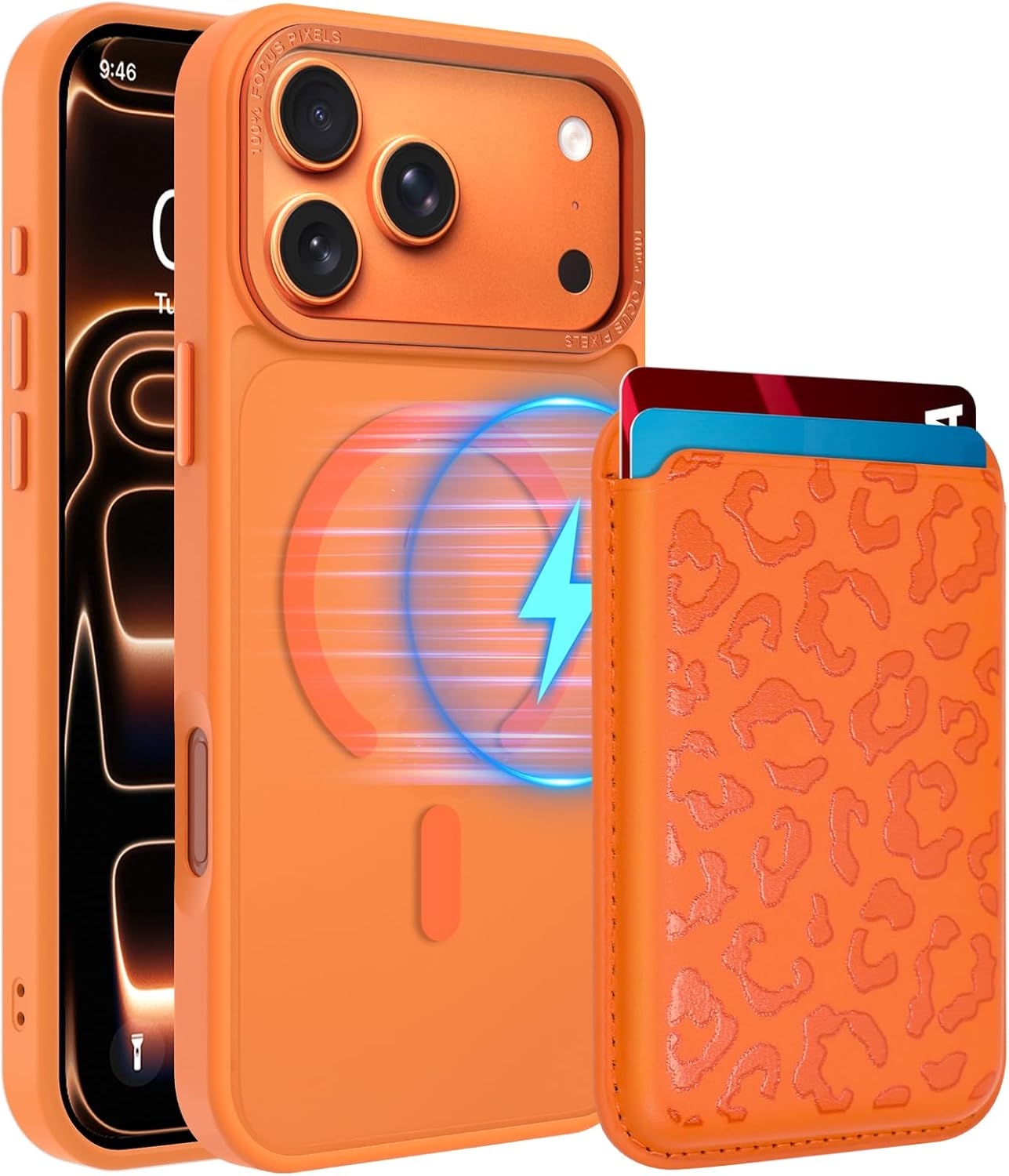 MOWIME Magnetic Case for iPhone 17 Pro Max [Compatible with Magsafe] [with Wallet & Card Holder] [Cute Cheetah Print] Slim Translucent Matte Case for iPhone 17 Pro Max 6.9" 2025, Orange