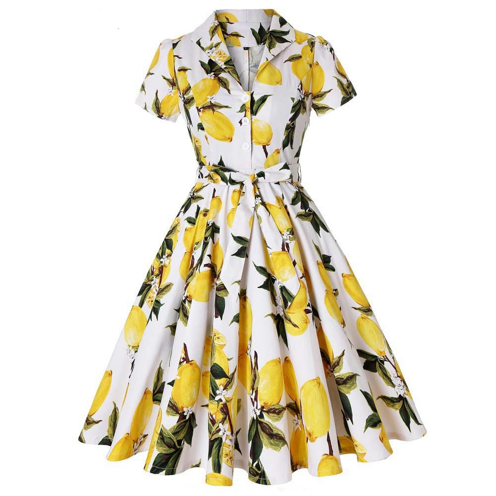 Robe à Lacets imprimée fraîche à Manches Courtes et à Revers rétro européen et américain en Coton avec Ceinture-Jaune Citron-M