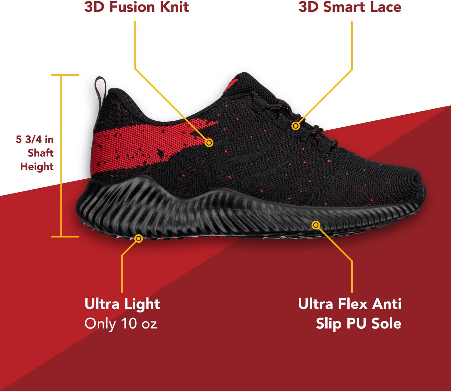 CALTO Men's Invisible Height Increasing Elevator Shoes - Black/Red Ultra Lightweight Sporty Sneakers - 2.8 Inches Taller - Q215 - Size 10 D(M) US - Image 3