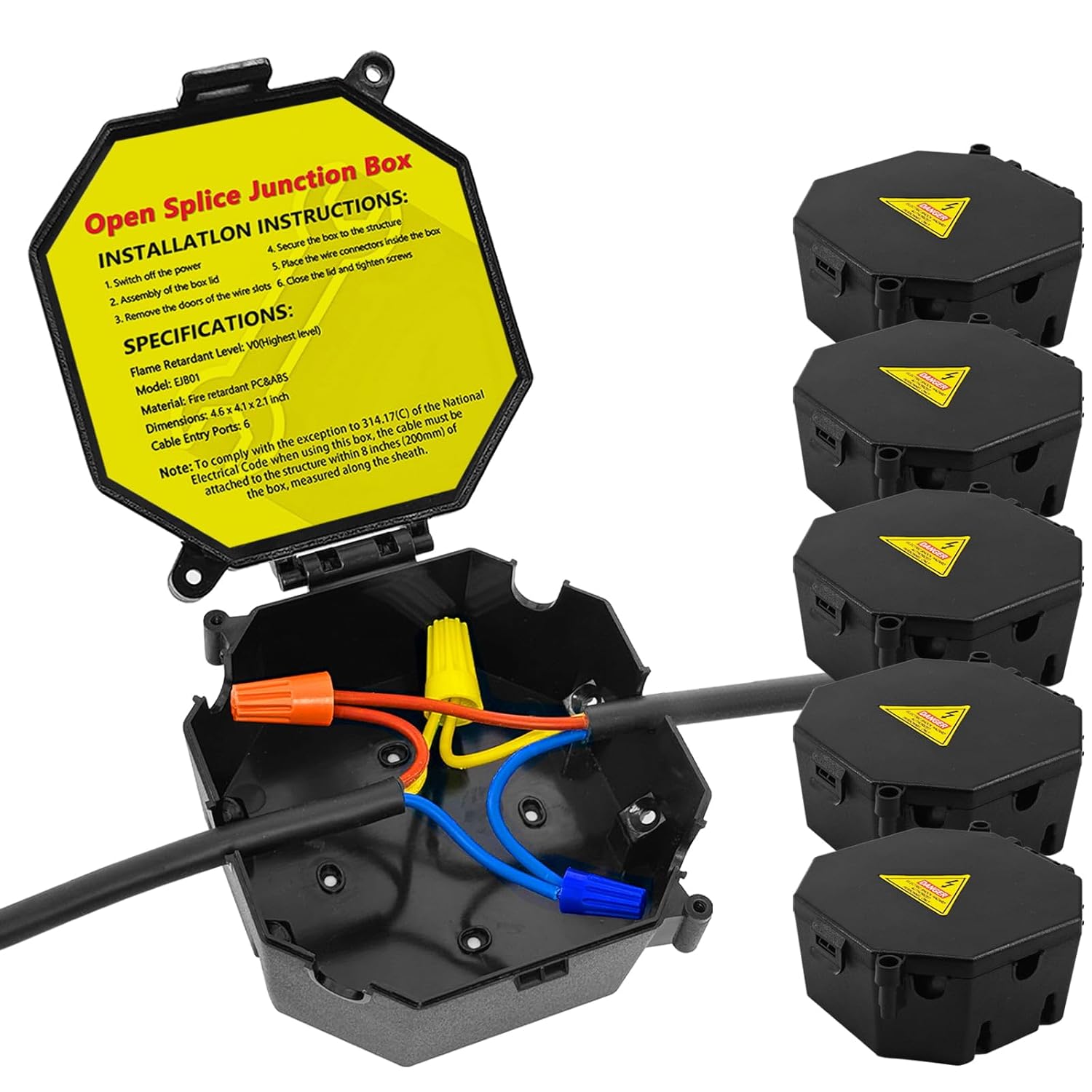 Black Open Splice Junction Box (5 Pack),Electrical Splice Box Wire Junction Box with Cover V0 Flame Retardant Rating(Highest Level)