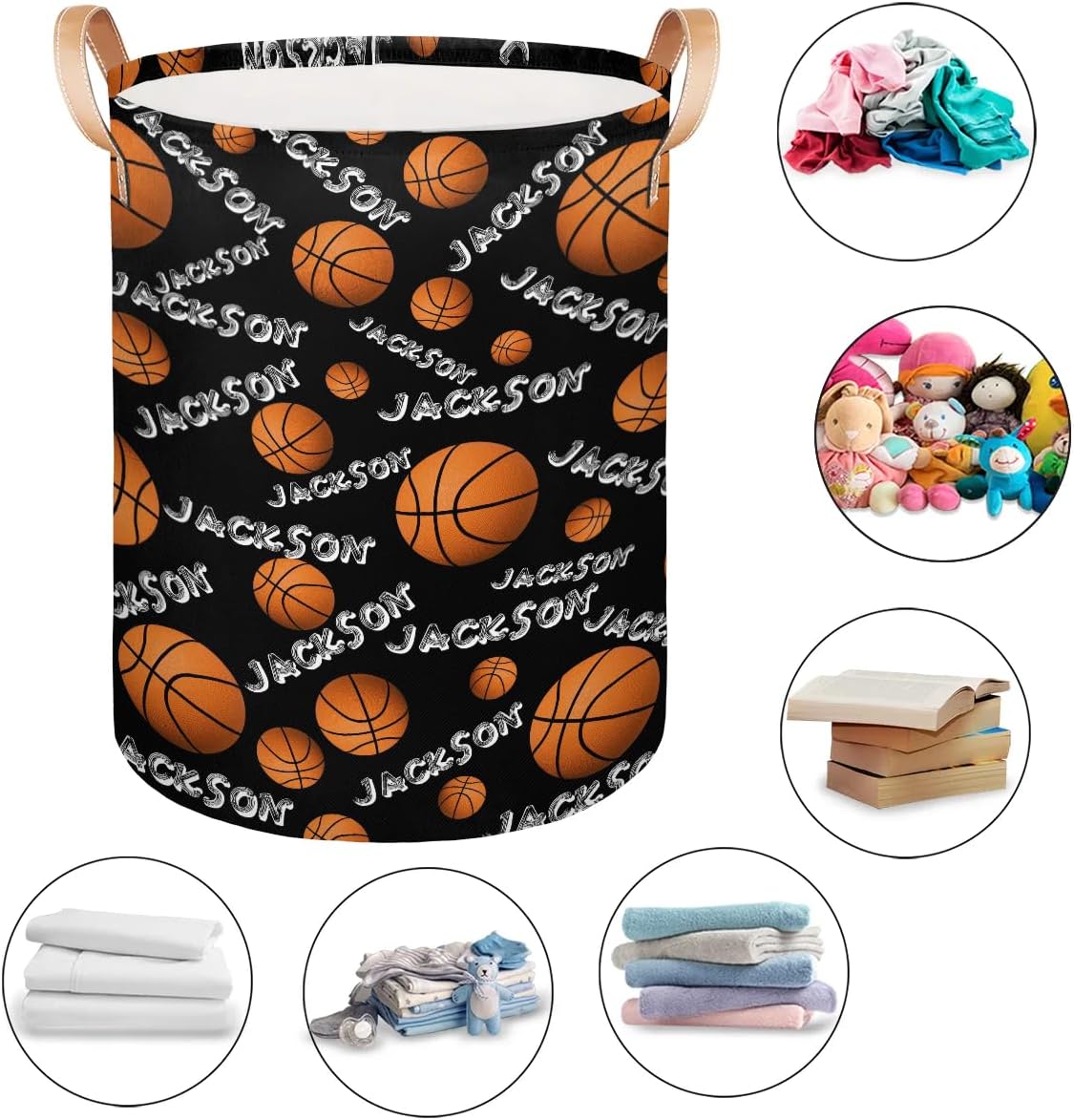 Personalized Laundry Basket, Custom Gift Laundry Hamper, Collapsible Nursery Waterproof Laundry Baskets, Dirty Clothes Toy Hamper with Handles Black Basketball Text