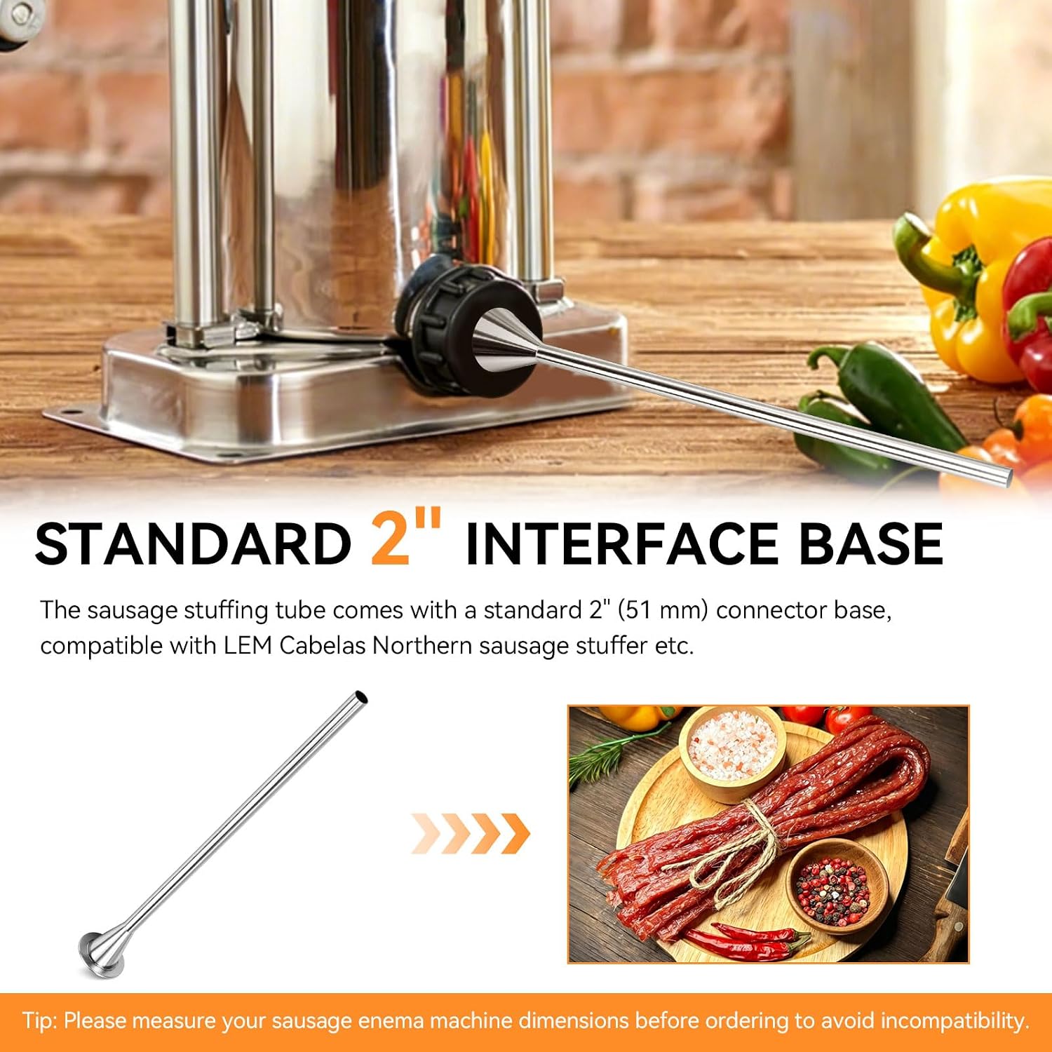 Extended 10mm Stainless Steel Sausage Stuffing Tubes, Snack Stick Casings Tube, Standard 2" Base, 11.4" Long Stuffing Tube, for LEM Cabelas Northern Sausage Stuffer