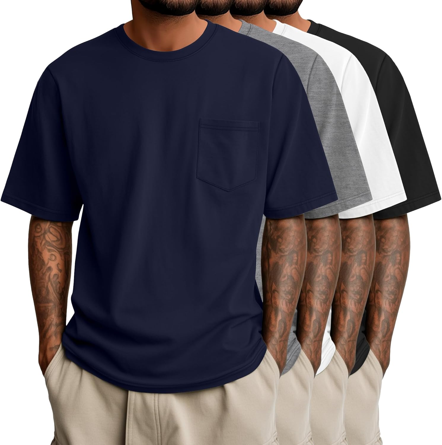 Ficerd 4 Pack Men’s Big and Tall Shirts, Short Sleeve Pocket Tee Heavyweight Crew Neck Basic Tops Loose Fit Casual T Shirt