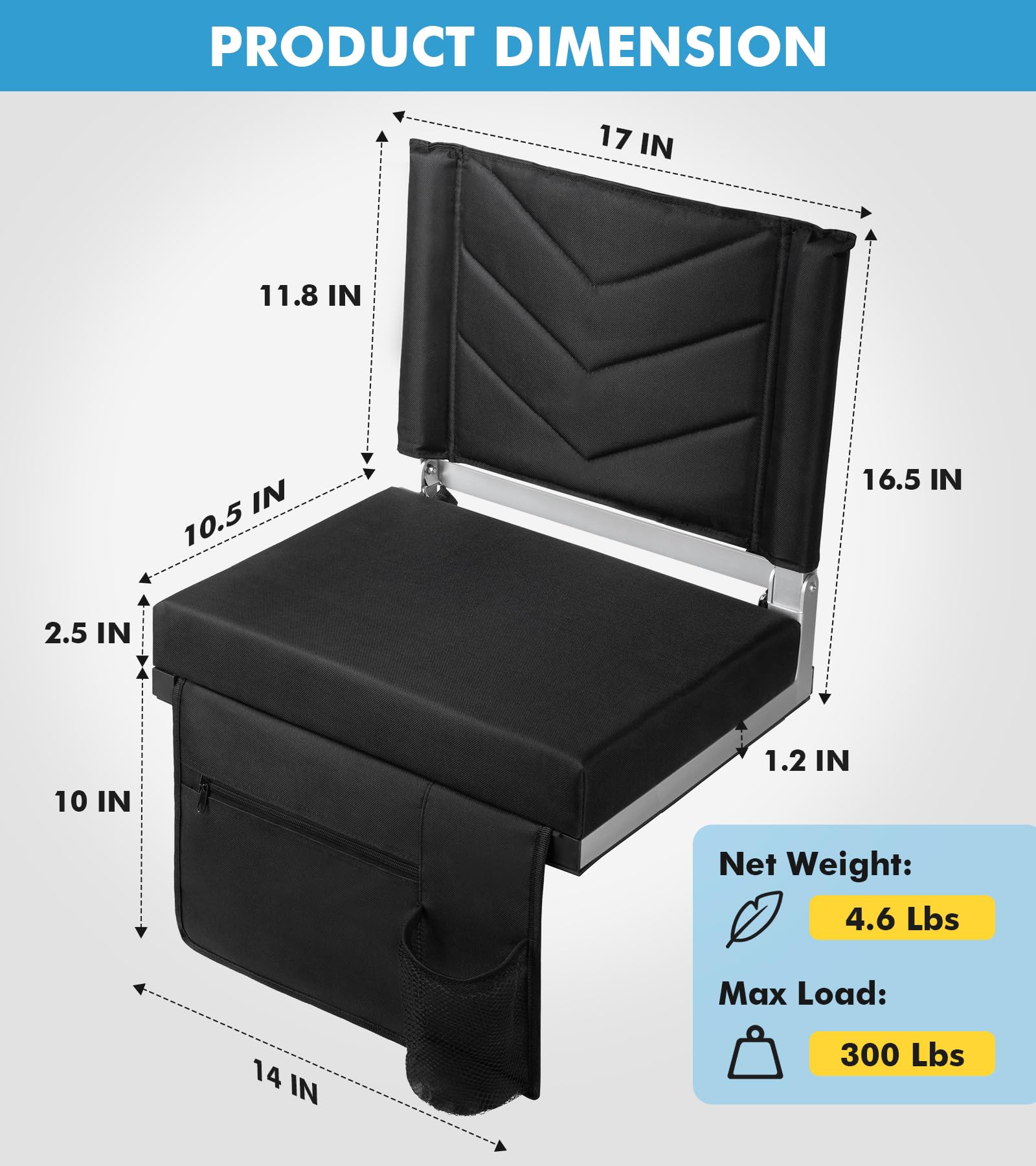 Seaonar Stadium Seats with Back Support Bleacher Chairs with Back and Cushion Portable Folding Padded Stadium Chair with Shoulder Strap for Stadium Sports Events - Black