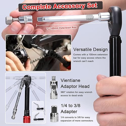 Miniatura 3 de Hancaner Juego de llaves de trinquete, 14 pulgadas 2-24N.m Juego de llaves de transmisión con 16 enchufes y barra de extensión para reparación