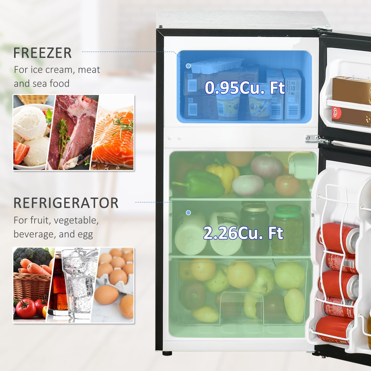 3.2 Cu.Ft Mini Fridge With Freezer, Double Door Compact Refrigerator With Adjustable Thermostat, Shelf And Reversible Door For Bedroom, Dorm, Home Office, Energy Efficient, Black Steel Black -