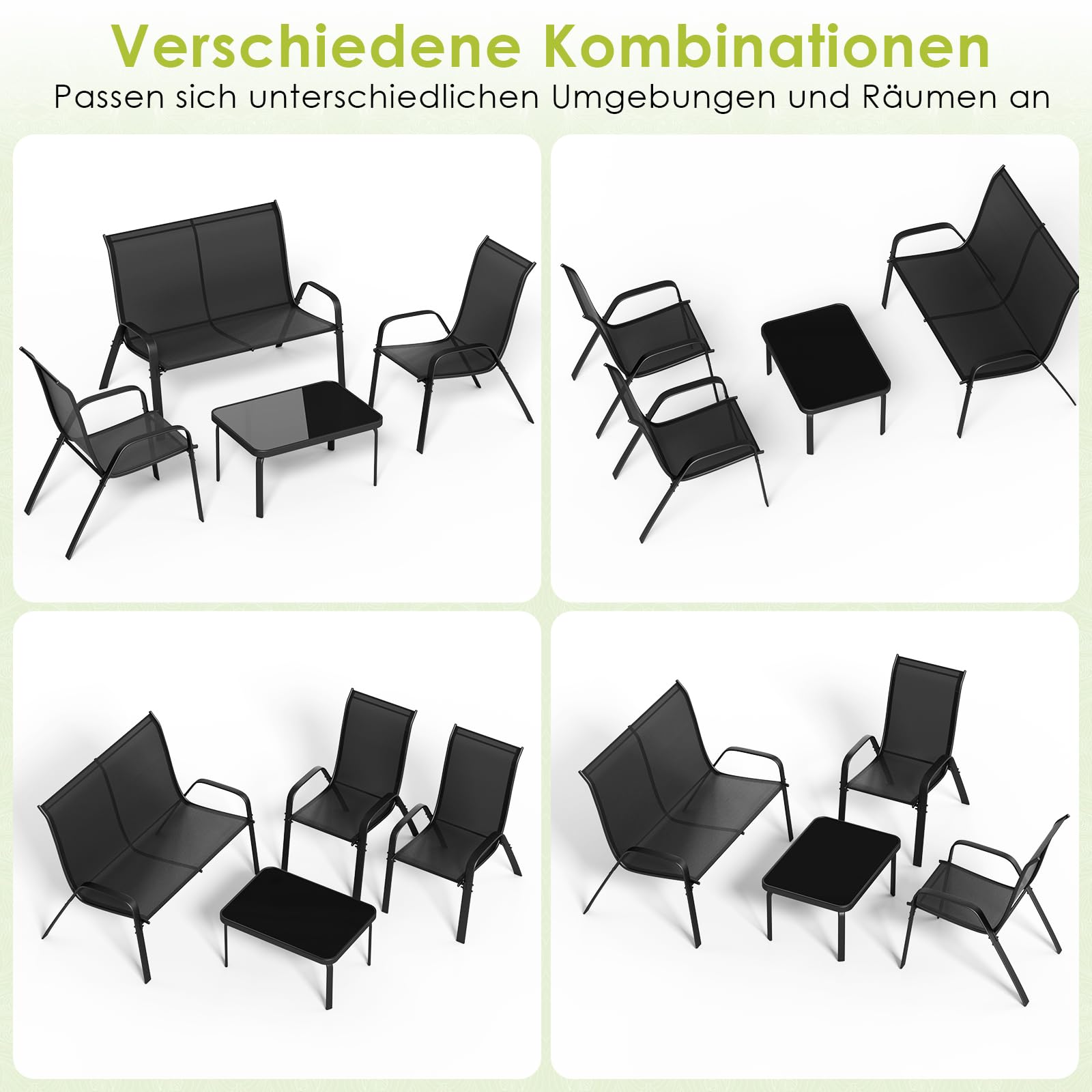 LIFERUN Gartenmöbel Set 4-teilig für 4 Personen, Modern Sitzgruppe Outdoor | Balkonmöbel mit 1 Gartenbank, 2 Stühlen & 1 Glastisch, Wetterfeste Textilene, Lounge für Kleiner Balkon & Terrasse (Schwarz)