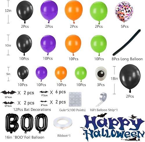 Miniatura 3 de DBKL Kit de arco de guirnalda de globos de Halloween con globo de papel de aluminio BOO, globos de araña negro, naranja, morado, fruta, verde,