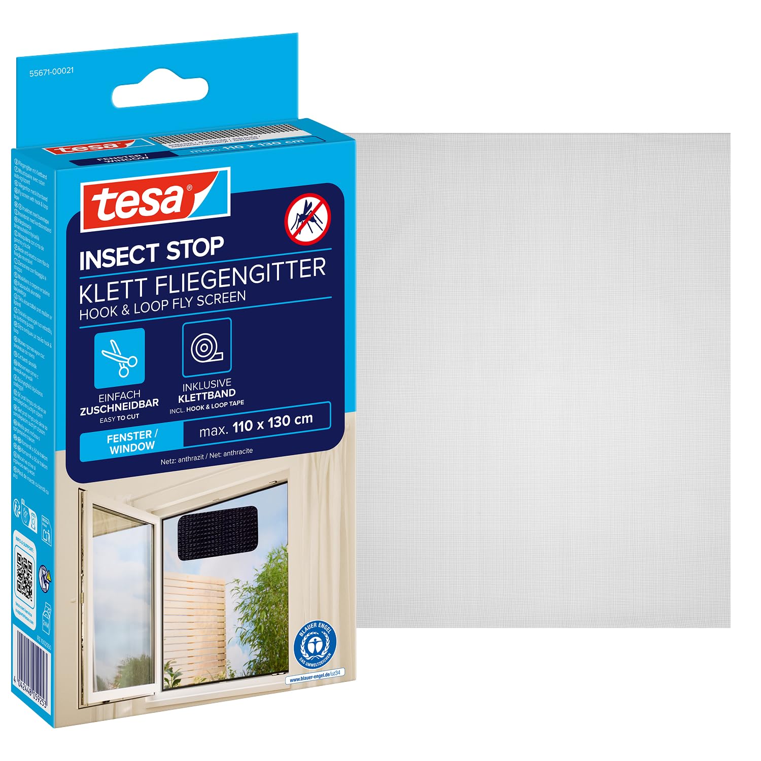 Tesa Uk Anthracite Tesa Insect Stop H&L Fly Screen For Window - Insect Repellent With Hook & Loop Tape, Cut To Size - Mosquito Repellent Without Drilling - 1 X Fly Net - 110 Cm X 130 Cm