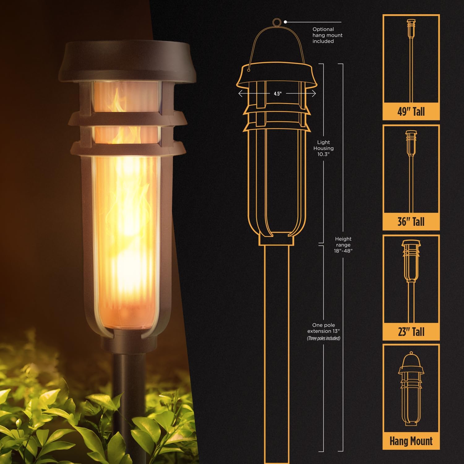 Metal Solar Torch Lights - Adjustable Height (24" - 50"), Outdoor Garden Decor with Patented LED, Waterproof Solar Tiki Torches for Yard, Patio, Garden Pathway, Matte Black – 4 Pack