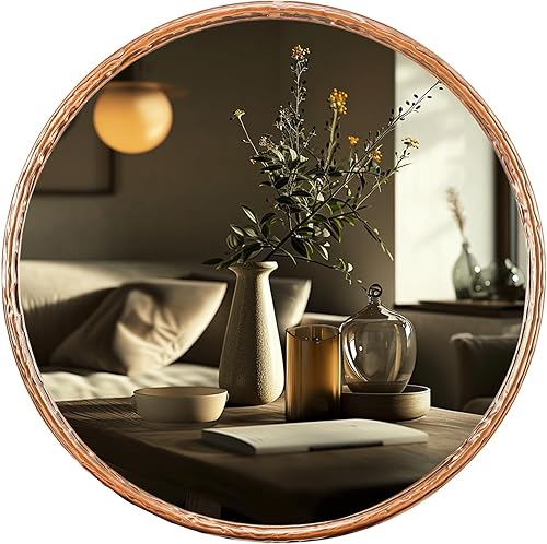 Espejo redondo de baño RD24 pulgadas, color cobre antiguo, espejo de acento con marco de metal vintage, espejo de pared moderno y rústico