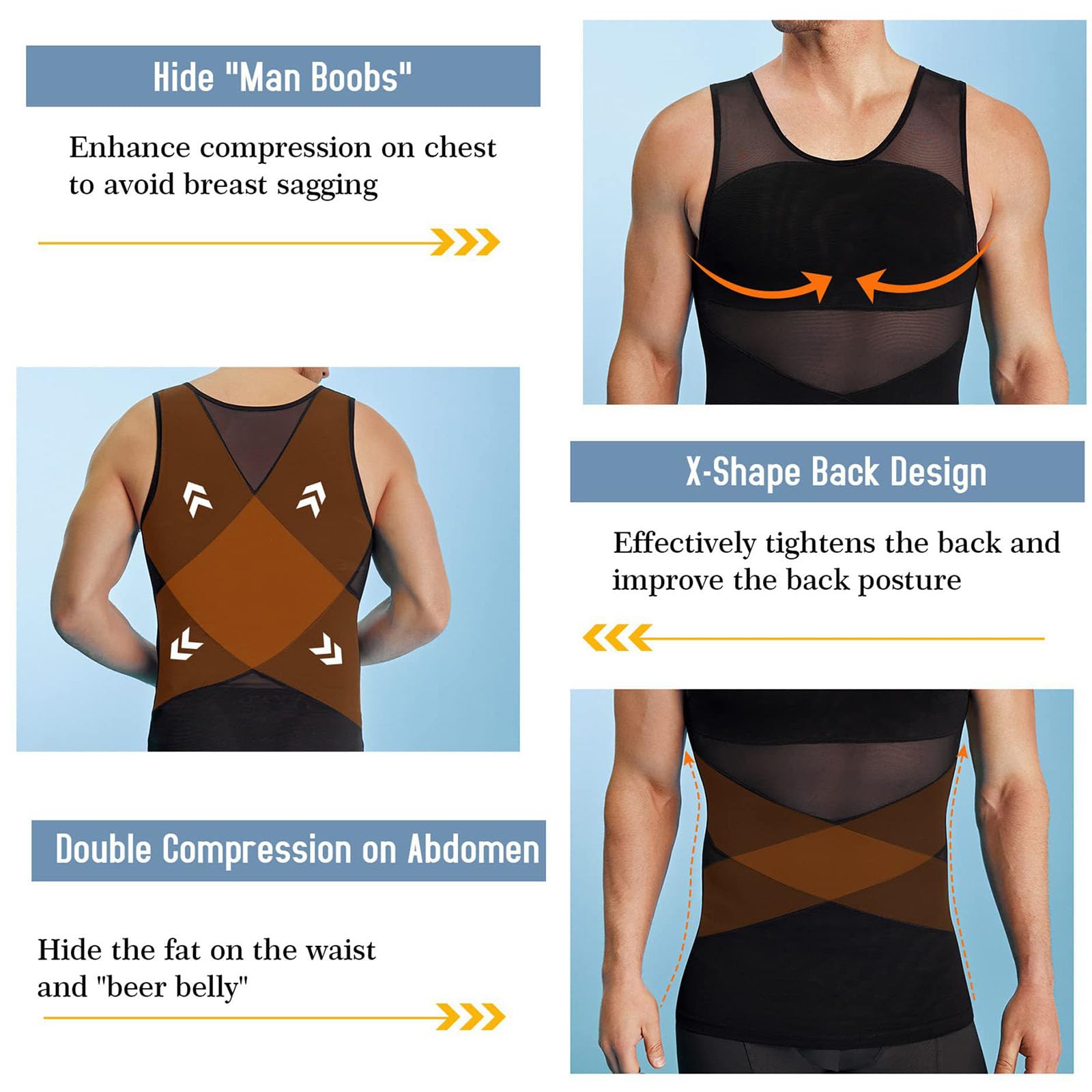SculptBody Shaper Vest 2.0 Double Compression Homme Amincissant Ventre Vest Top 360° 3D Shaper Vest Top Compression Shirt Homme pour un look plus mince