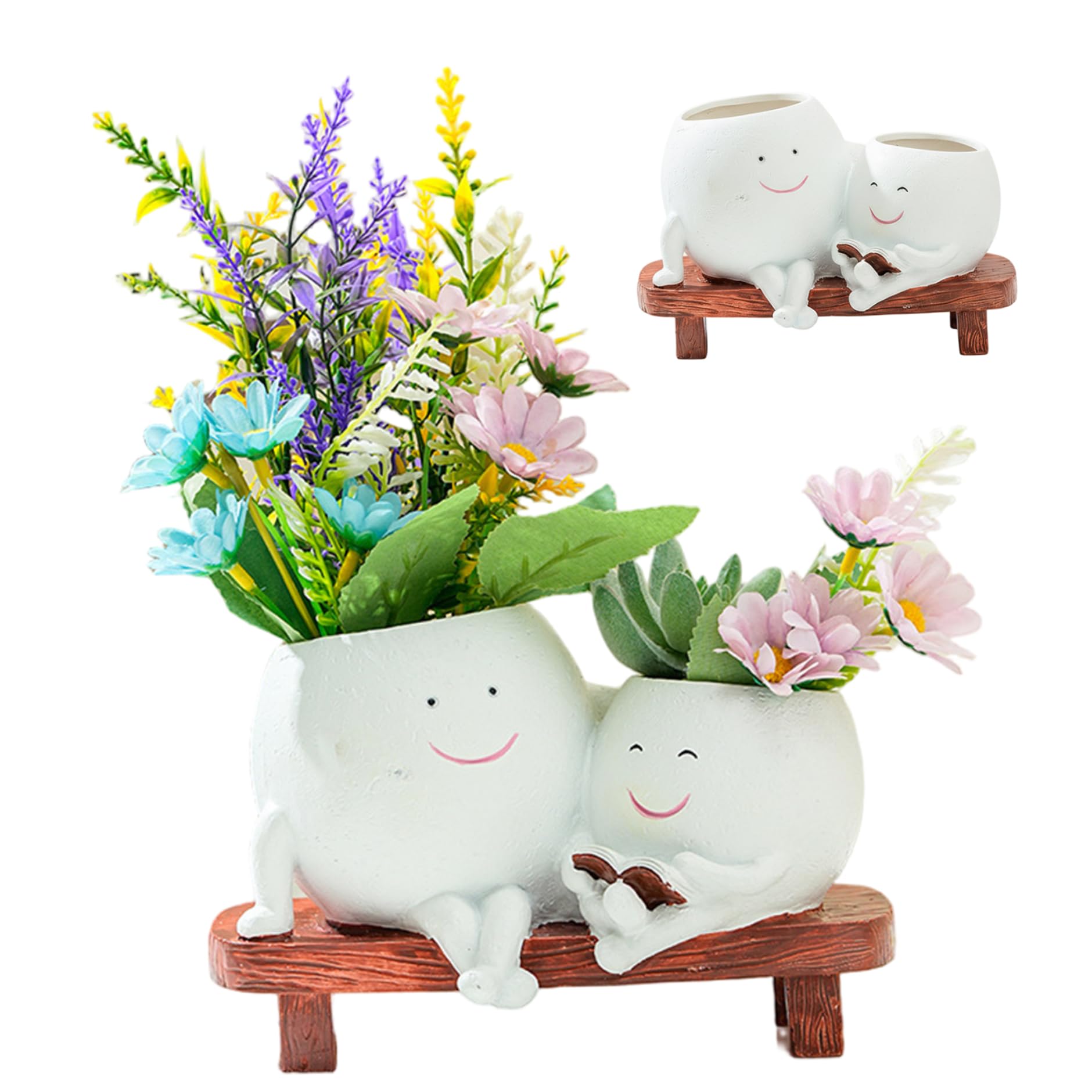 CAKEEYUM Smiling Face Planter - Funny Plant Pot for Succulents & Small Flowers Resin Cute Flower Pots with Drainage Hole for Indoor and Outdoor Use White